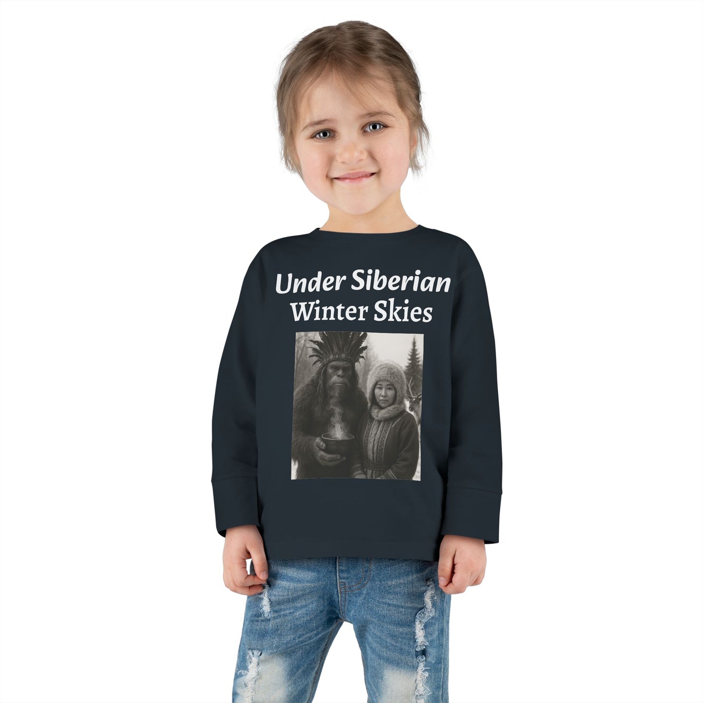 Toddler Long Sleeve Tee - Sasquatch Shaman and Native Siberian Women in Snow Design