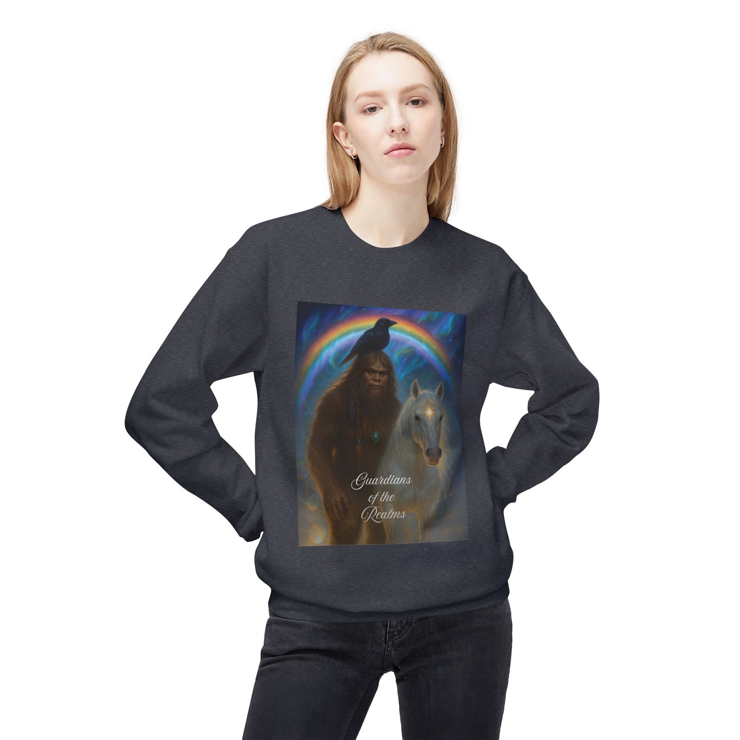 Sasquatch & White Horse with Raven  Crewneck Sweatshirt — Mystical 'Guidelines of the Heart' Graphic