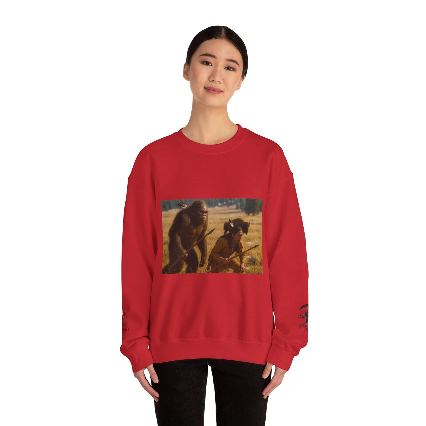 Sasquatch & Native Spear Hunting Bison Sweatshirt
