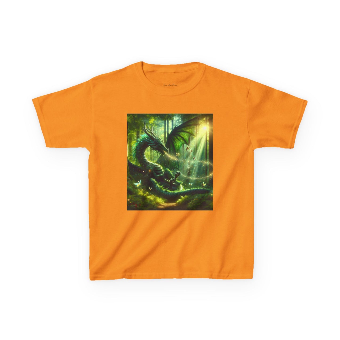 Kids T-Shirt Green Forest Dragon Sunlight and Fairy Lights Design