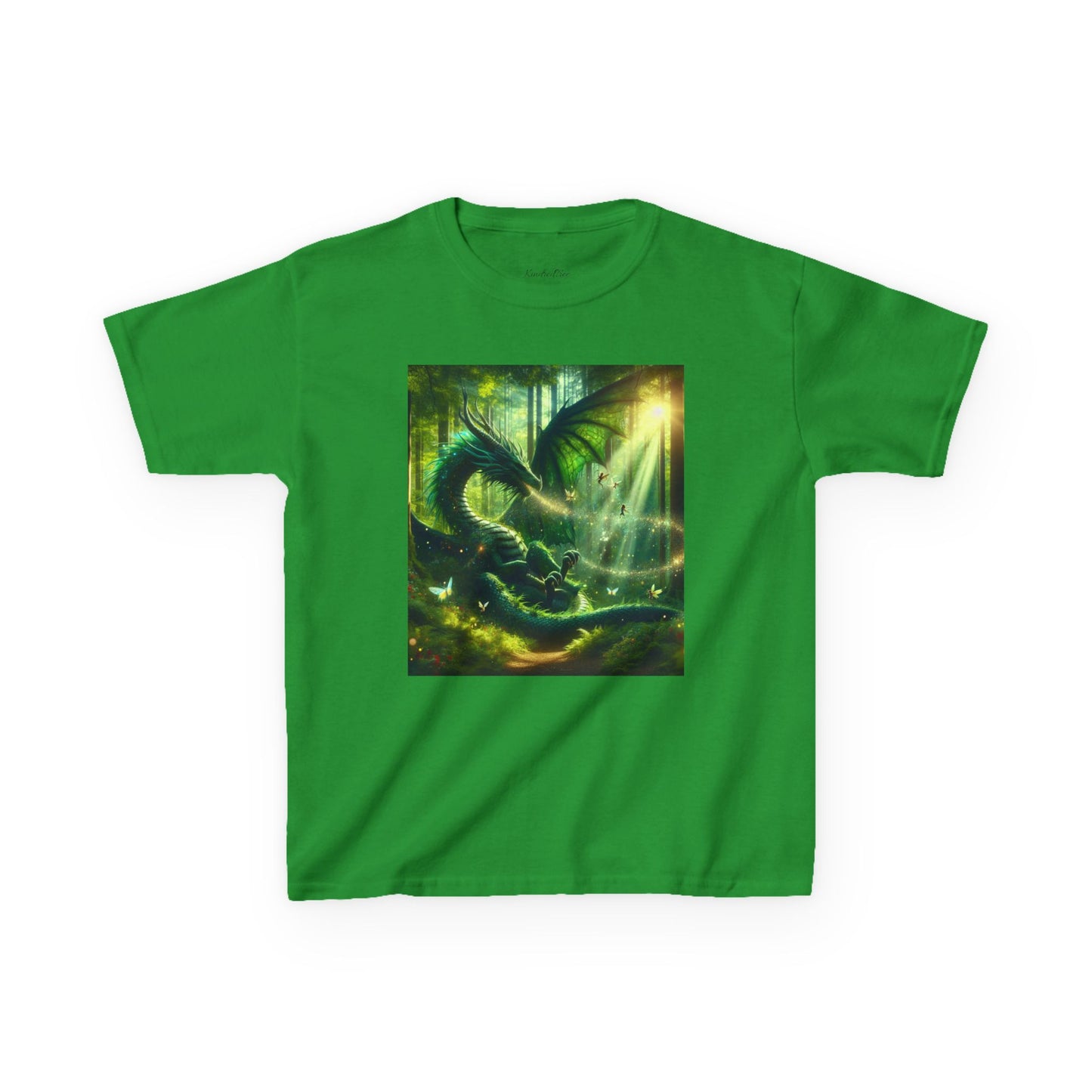 Kids T-Shirt Green Forest Dragon Sunlight and Fairy Lights Design