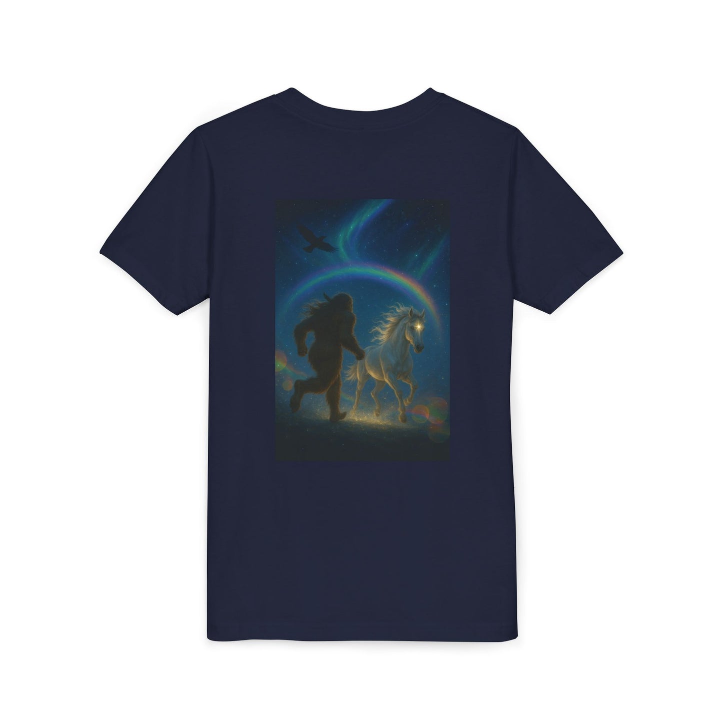 Sasquatch and White Horse  Youth Tee | Mystical Rainbow Night, Non- Mythic Guardian Shirt