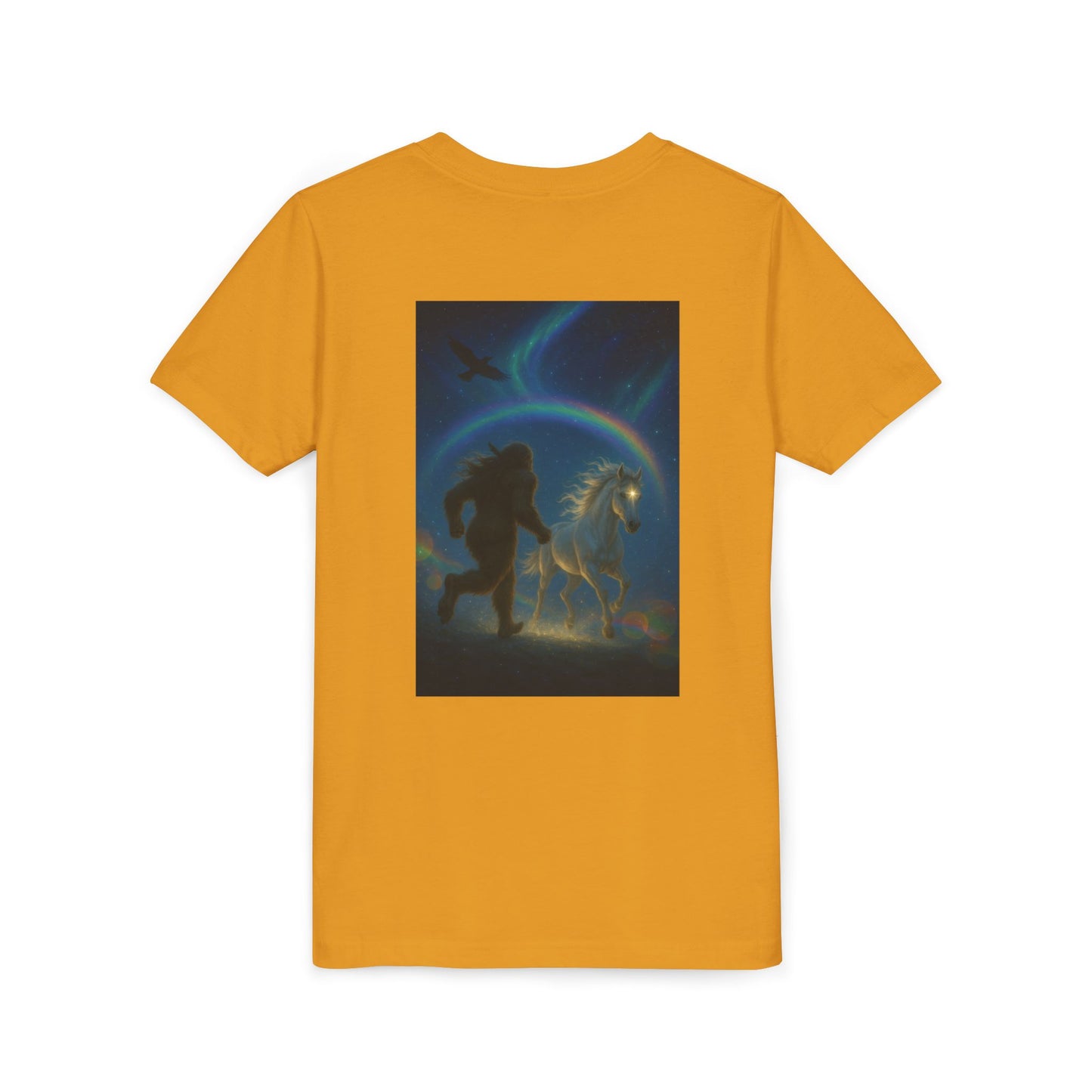 Sasquatch and White Horse  Youth Tee | Mystical Rainbow Night, Non- Mythic Guardian Shirt
