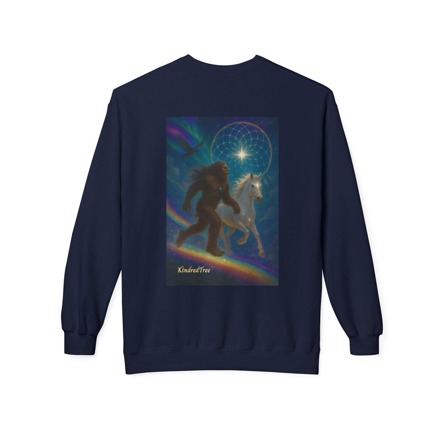 Sasquatch & White Horse with Raven  Crewneck Sweatshirt — Mystical 'Guidelines of the Heart' Graphic