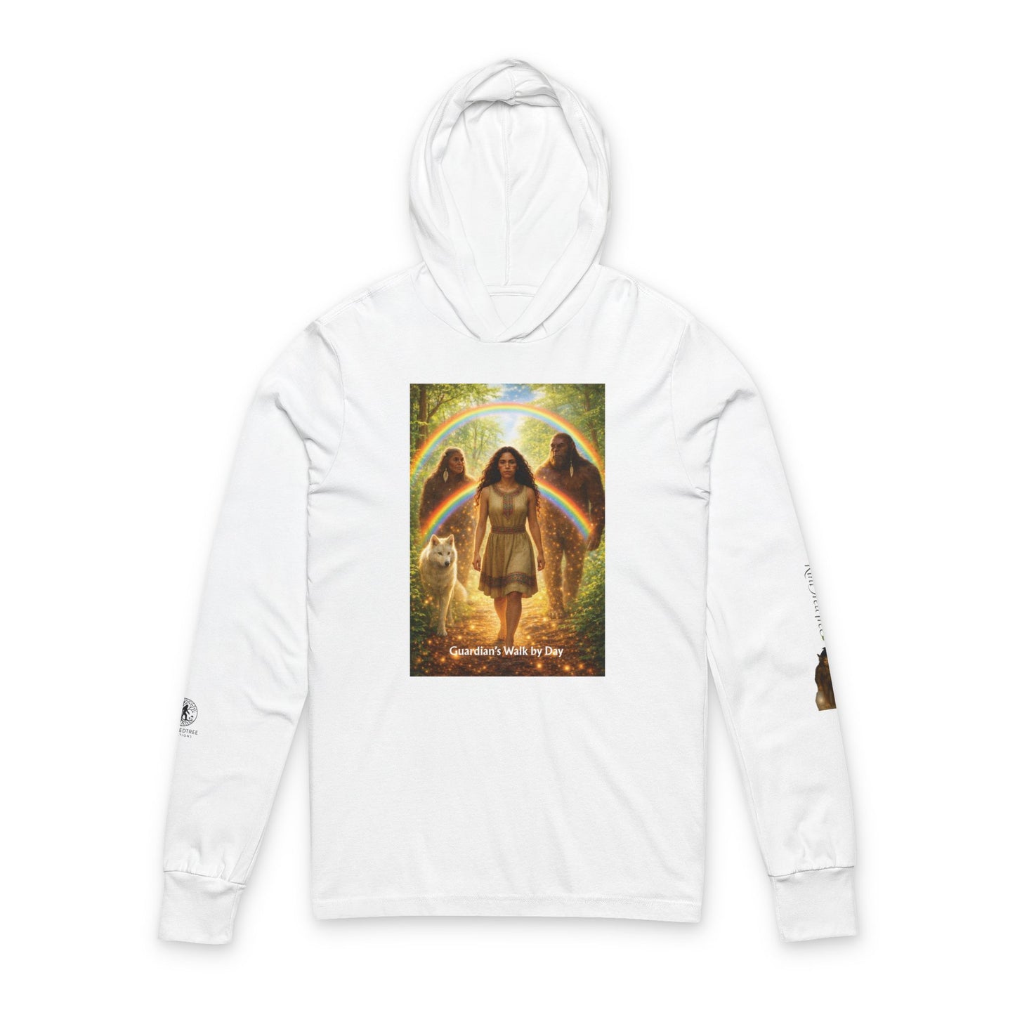 Sasquatch Guardian Hooded Long Sleeve Tee — "Guardian Walks By My Side" Spiritual Graphic Shirt