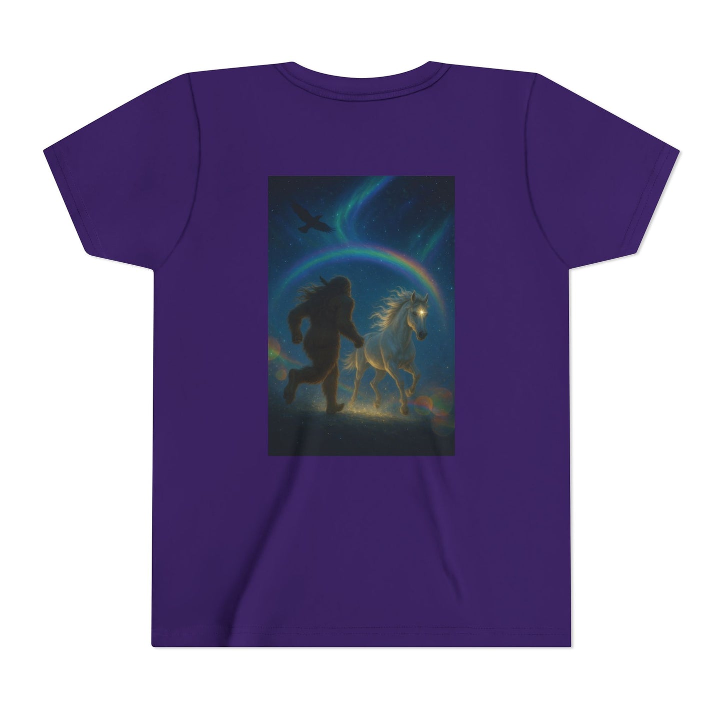 Sasquatch and White Horse  Youth Tee | Mystical Rainbow Night, Non- Mythic Guardian Shirt