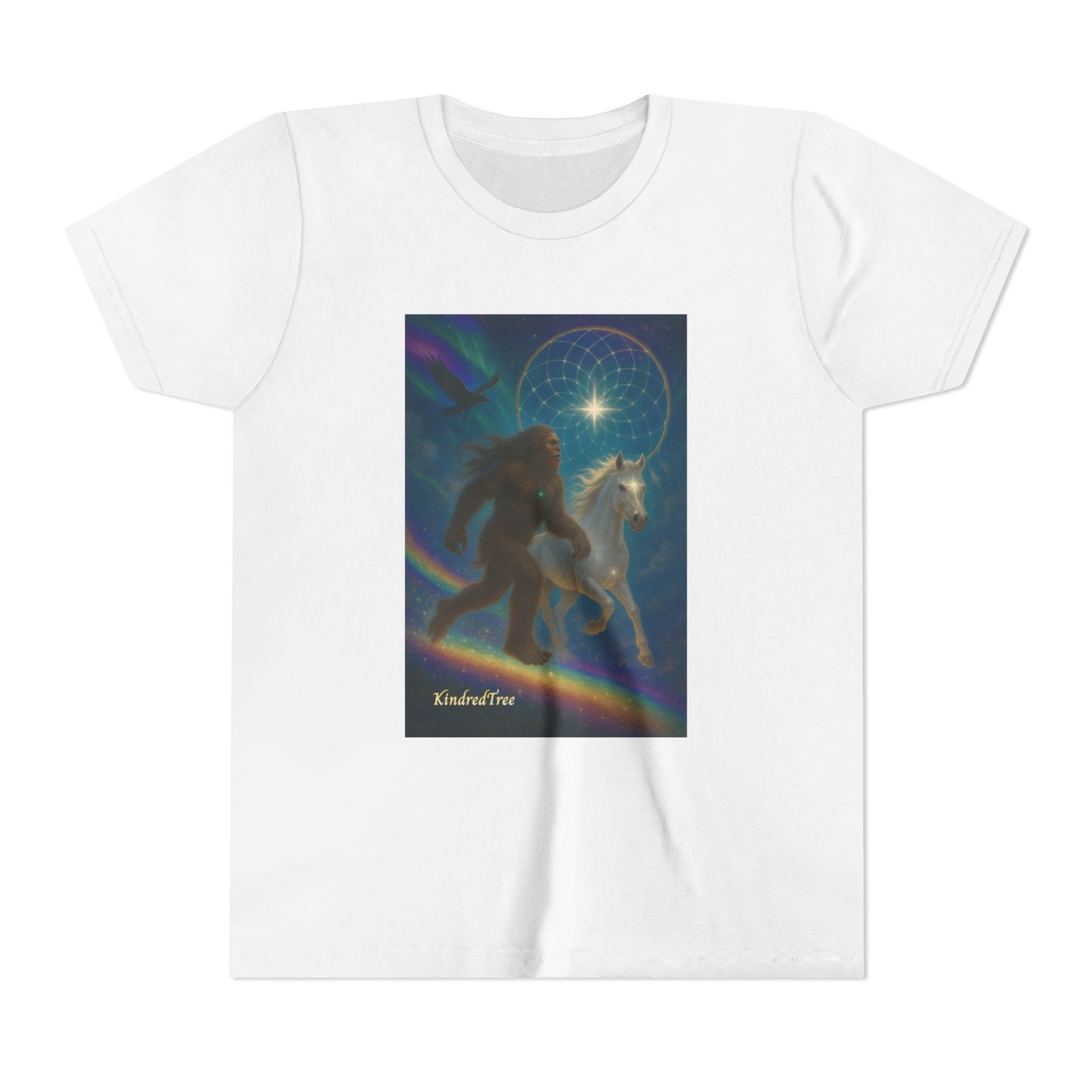 Sasquatch and White Horse  Youth Tee | Mystical Rainbow Night, Non- Mythic Guardian Shirt