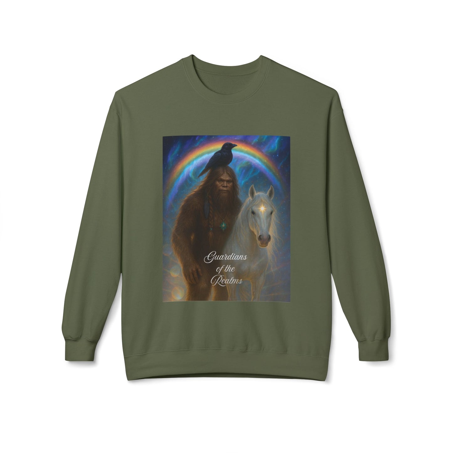 Sasquatch & White Horse with Raven  Crewneck Sweatshirt — Mystical 'Guidelines of the Heart' Graphic