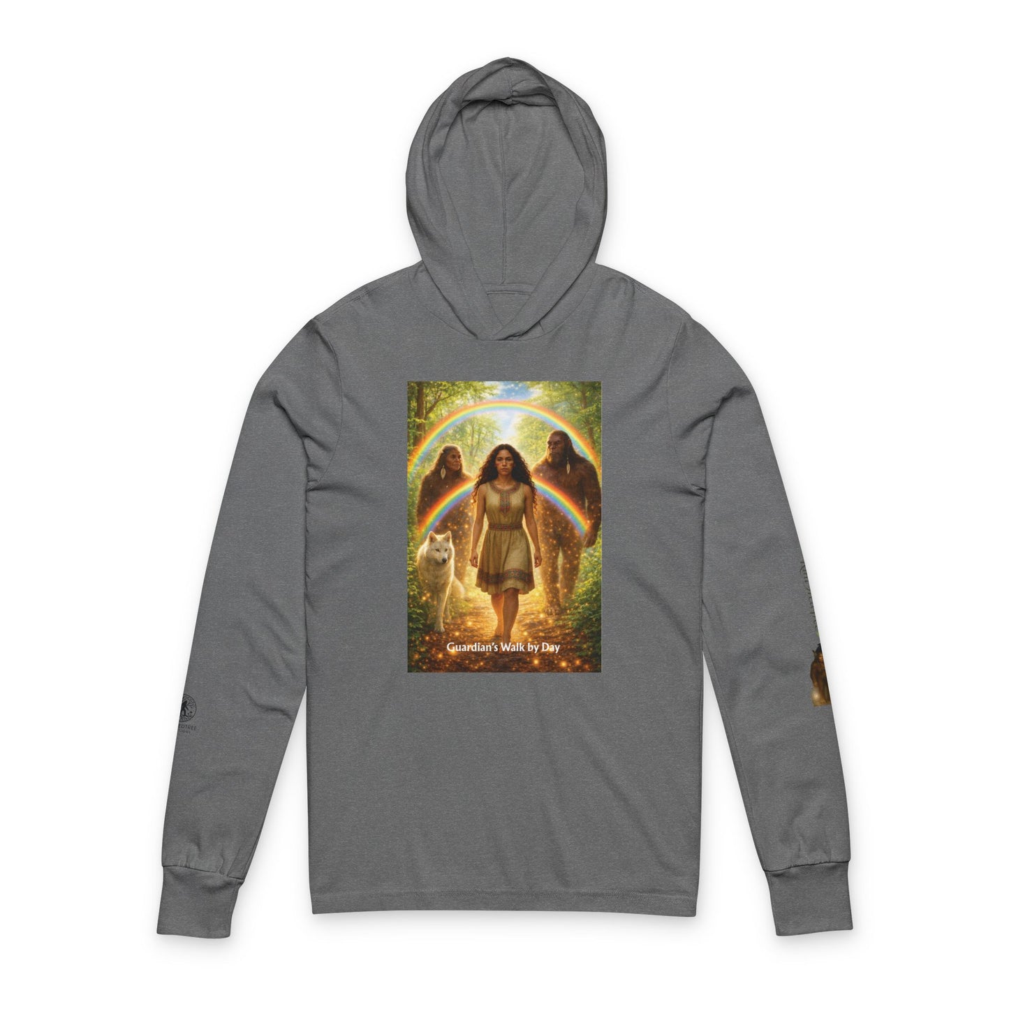 Sasquatch Guardian Hooded Long Sleeve Tee — "Guardian Walks By My Side" Spiritual Graphic Shirt