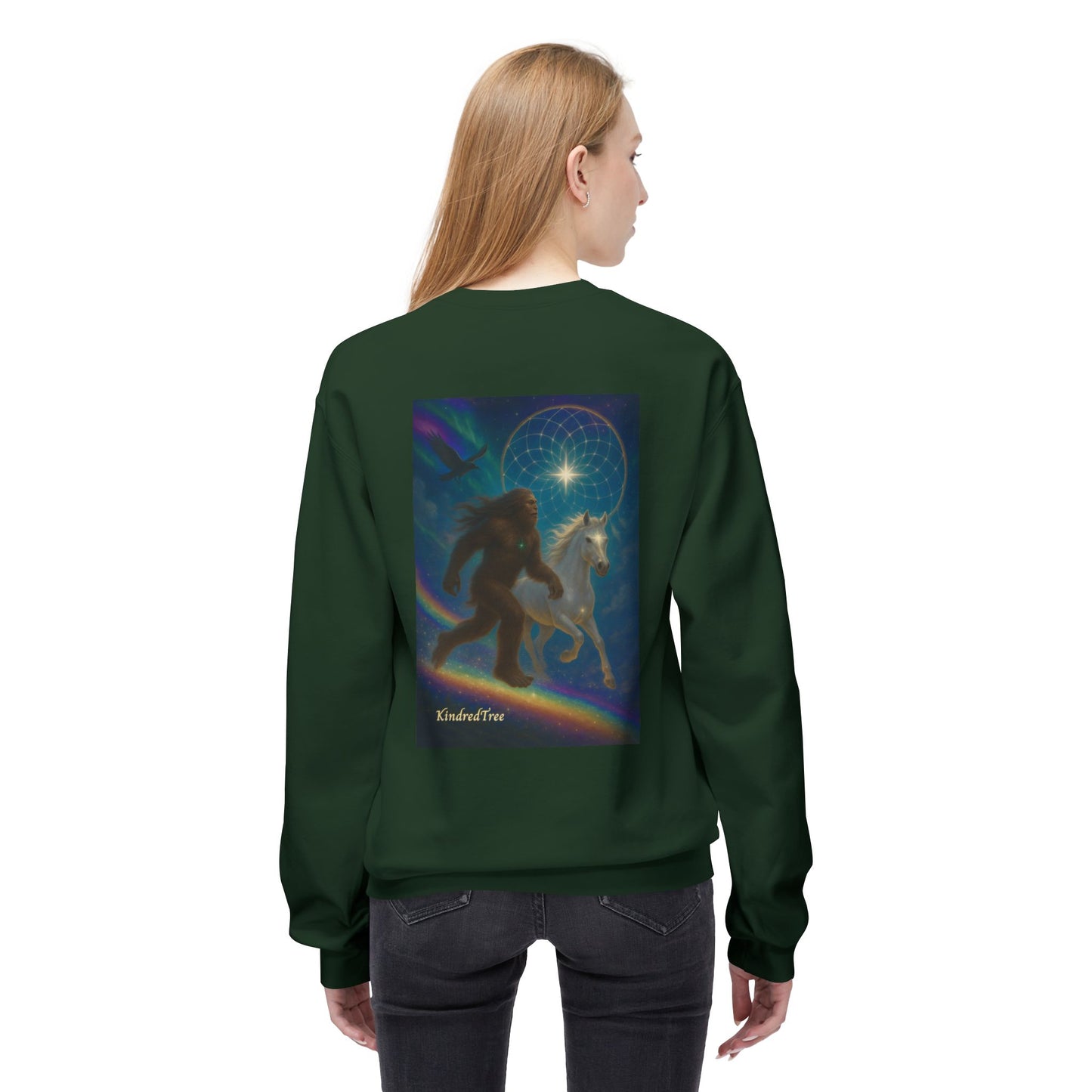 Sasquatch & White Horse with Raven  Crewneck Sweatshirt — Mystical 'Guidelines of the Heart' Graphic