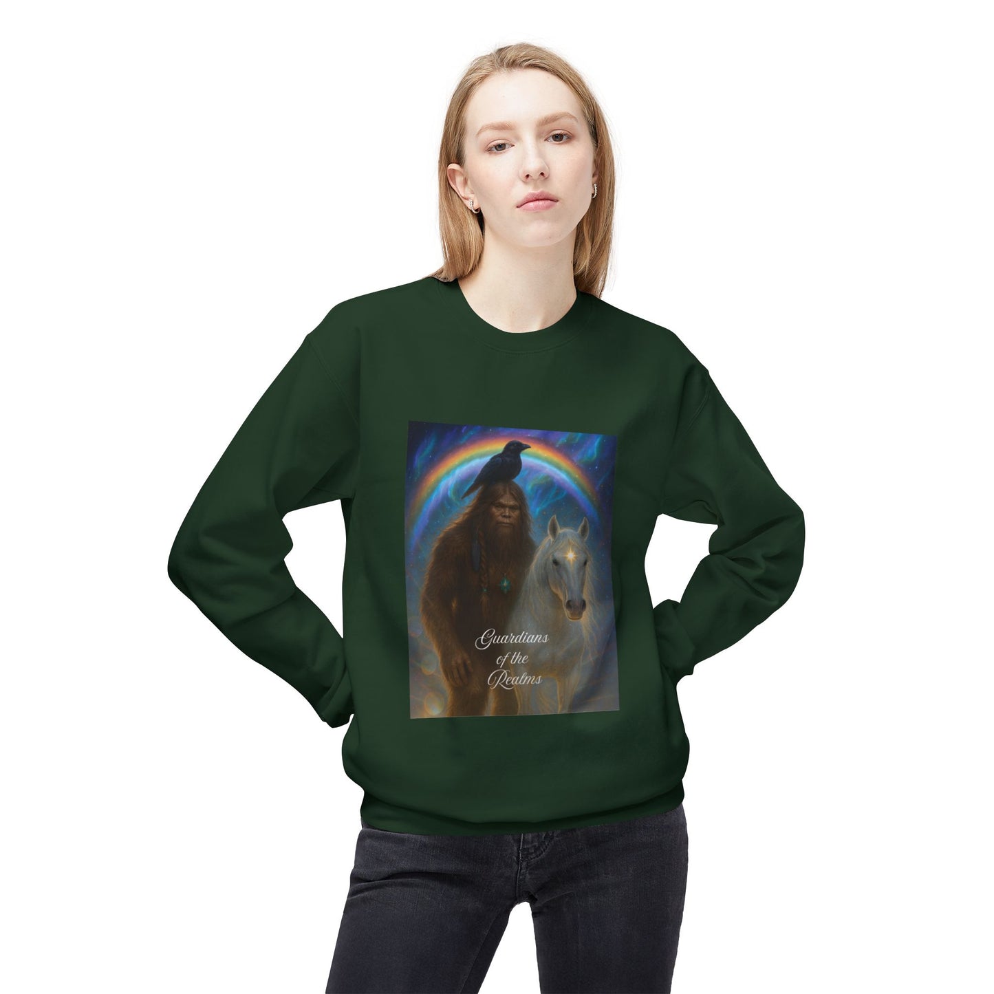Sasquatch Guardian & White Horse Crewneck — Mystical Aurora Protector Sweatshirt
