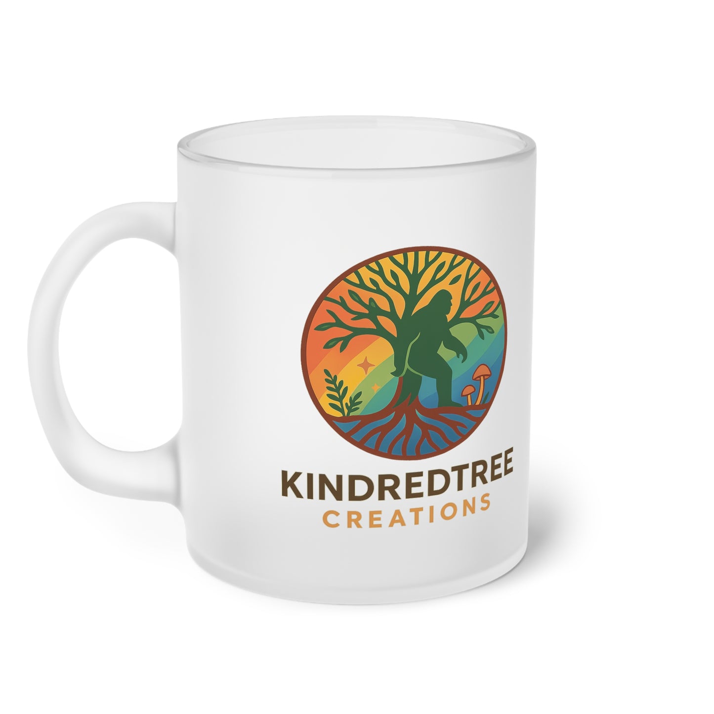 Frosted Glass Mug — Retro Sasquatch with Peace Pipe & KindredTree Emblem Design