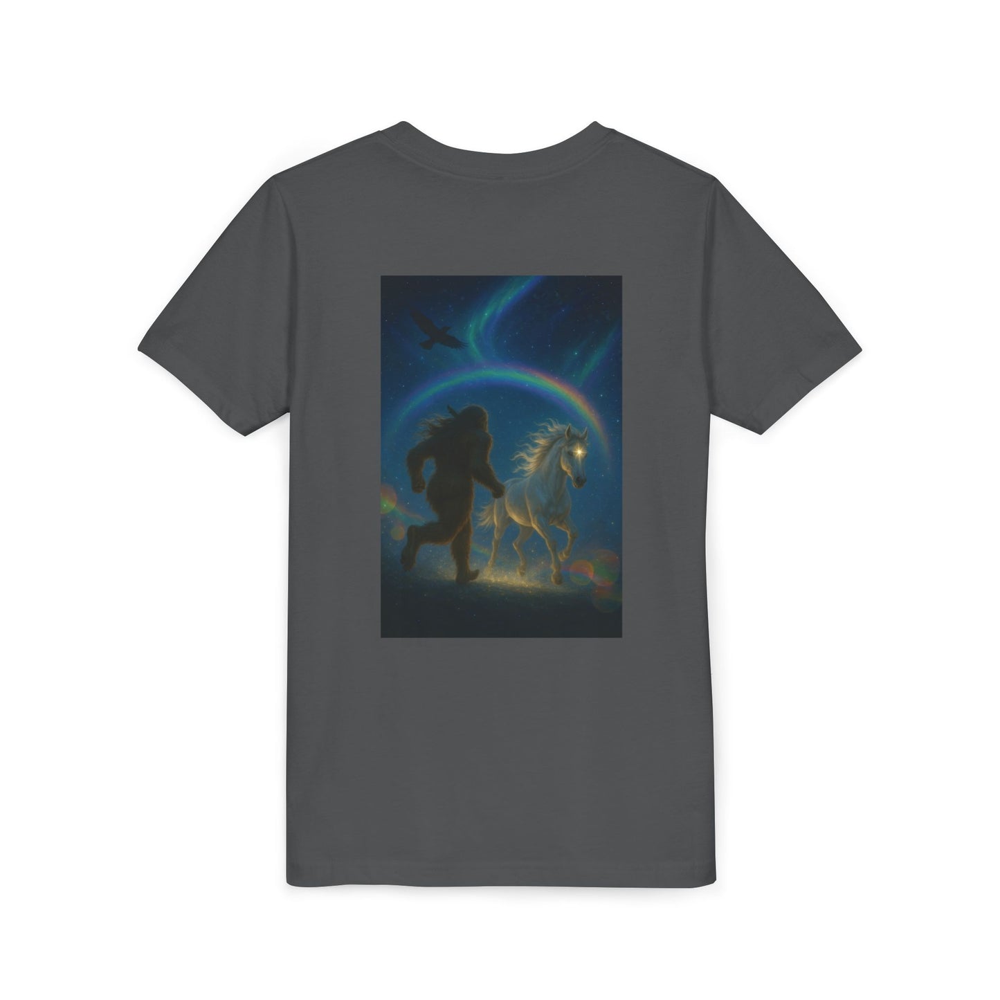 Sasquatch and White Horse  Youth Tee | Mystical Rainbow Night, Non- Mythic Guardian Shirt