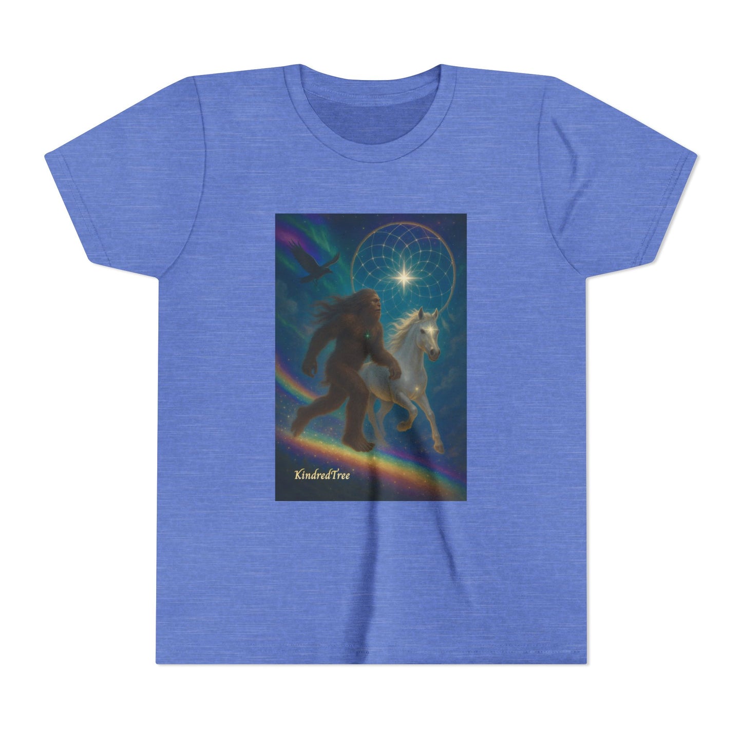 Sasquatch and White Horse  Youth Tee | Mystical Rainbow Night, Non- Mythic Guardian Shirt