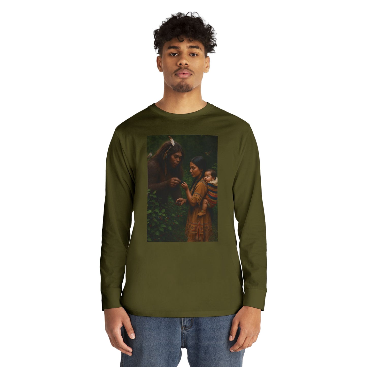Long Sleeve Tee - Female Sasquatch and Native Women picking Blackberries
