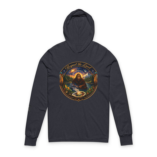 Respect the Land, Sacred Sasquatch Guardian Emblem Hooded Long Sleeve Tee