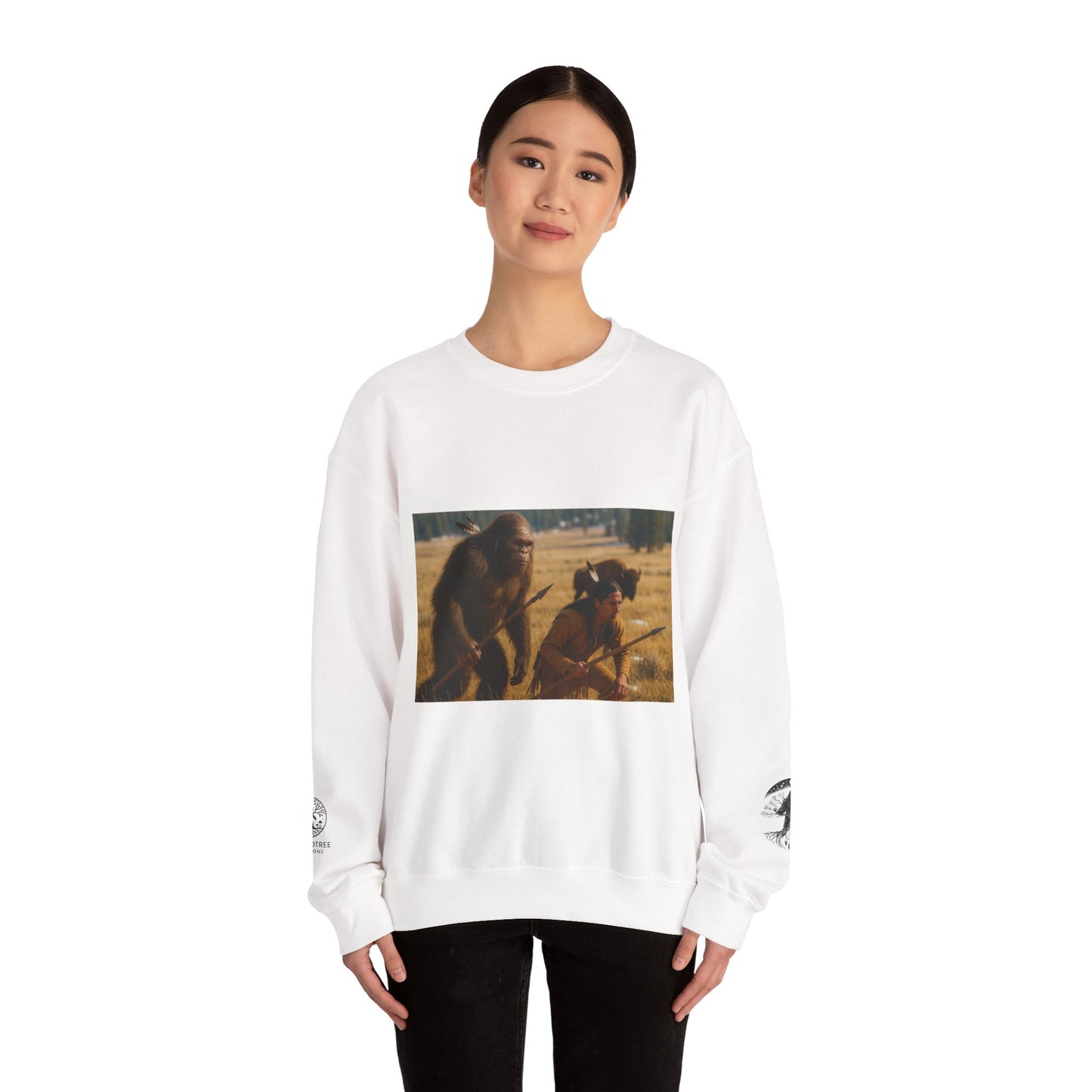 Sasquatch & Native Spear Hunting Bison Sweatshirt