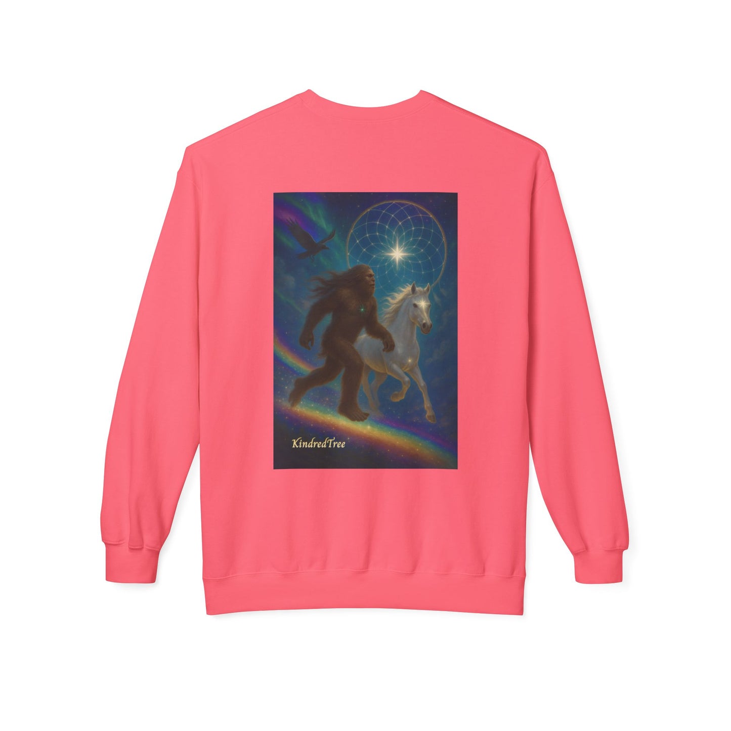 Sasquatch & White Horse with Raven  Crewneck Sweatshirt — Mystical 'Guidelines of the Heart' Graphic