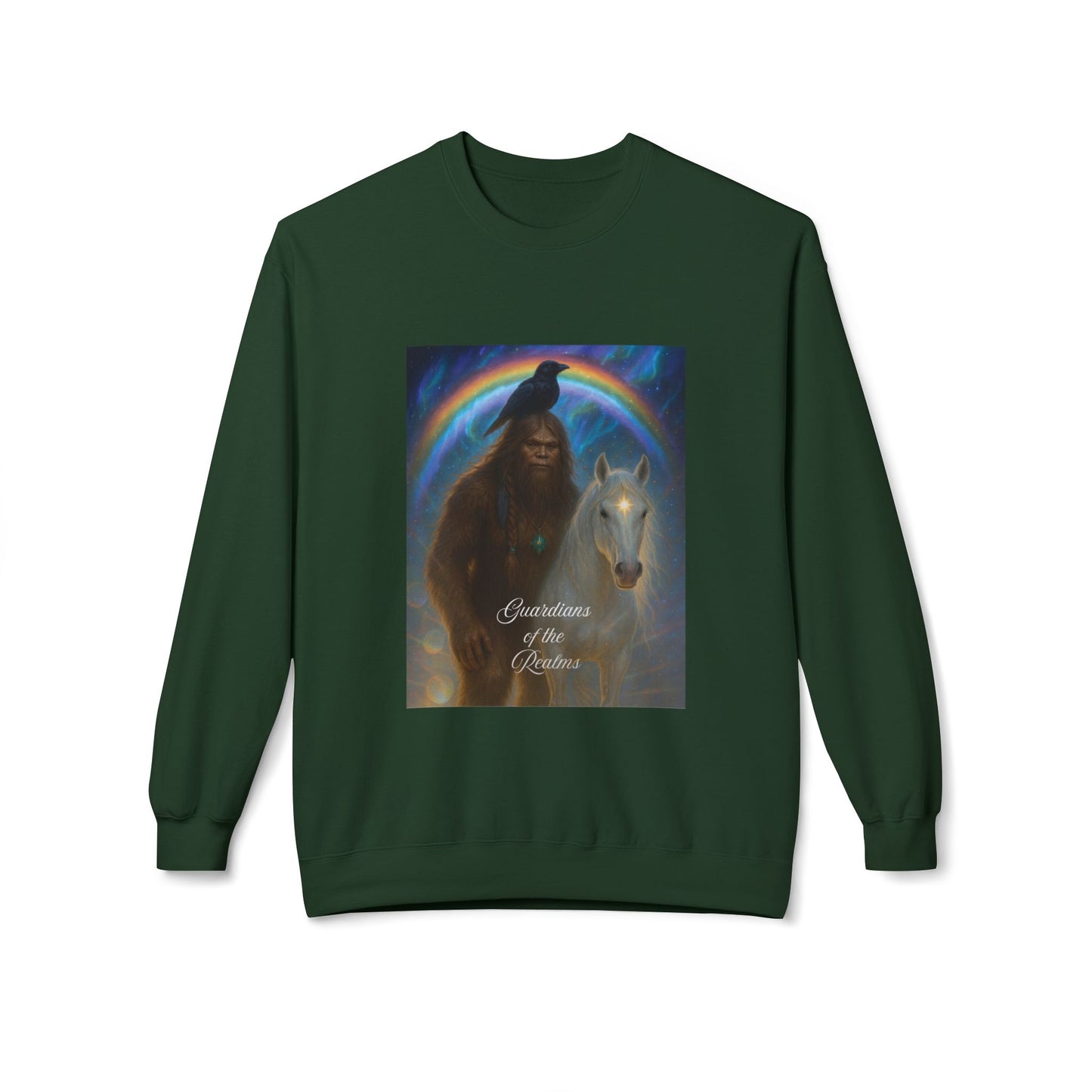Sasquatch Guardian & White Horse Crewneck — Mystical Aurora Protector Sweatshirt