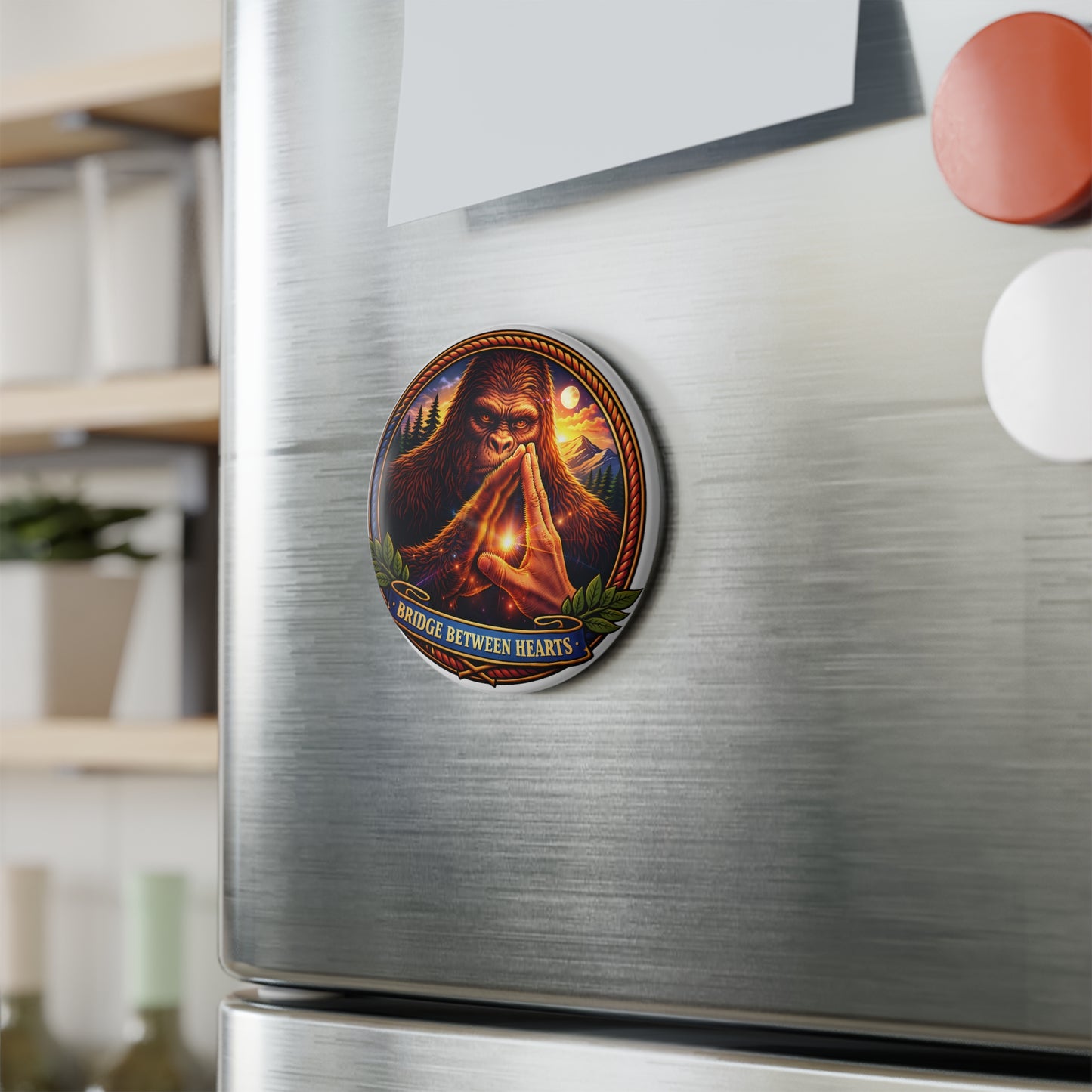 Sasquatch 'Bridge Between Hearts' Round Button Magnet