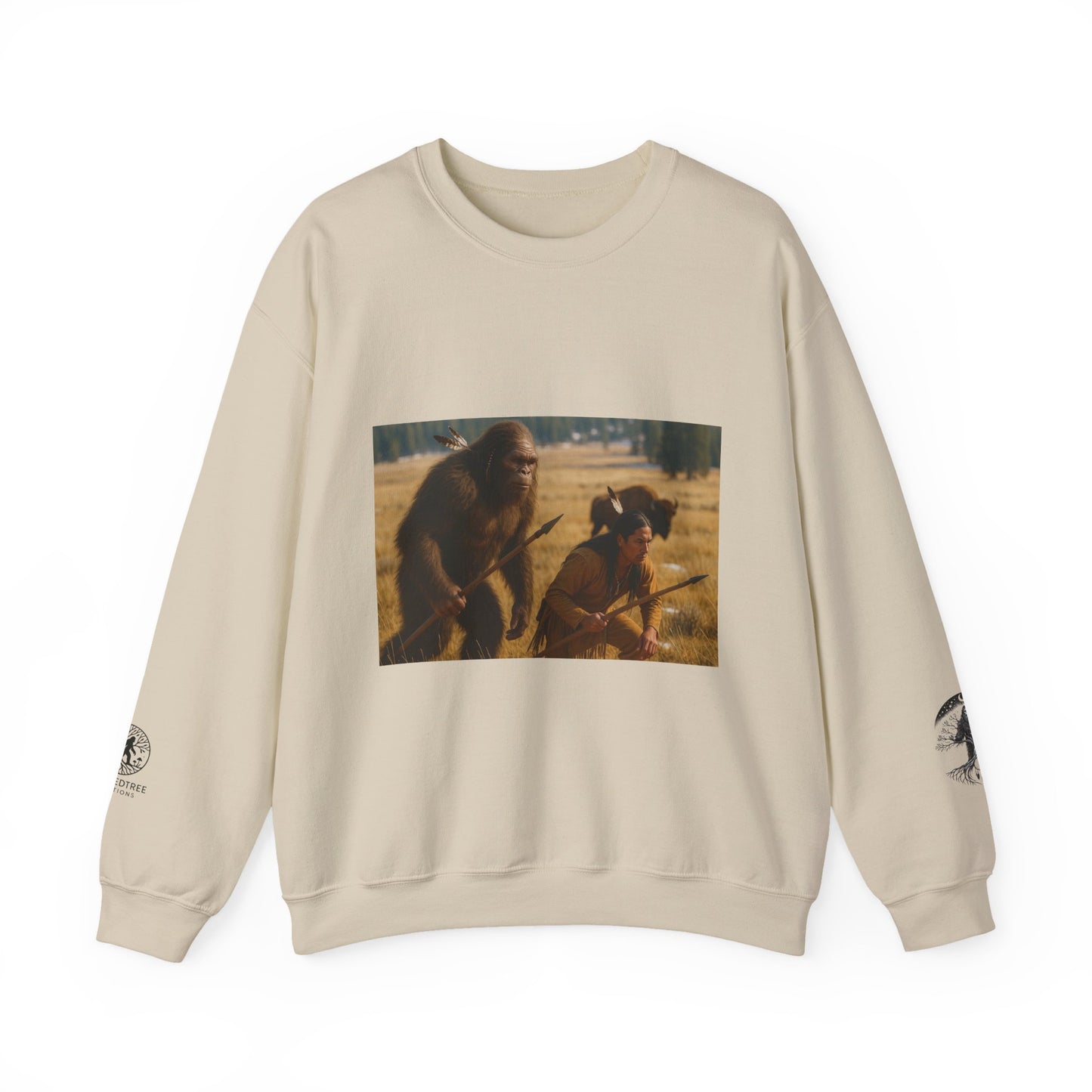 Sasquatch & Native Spear Hunting Bison Sweatshirt
