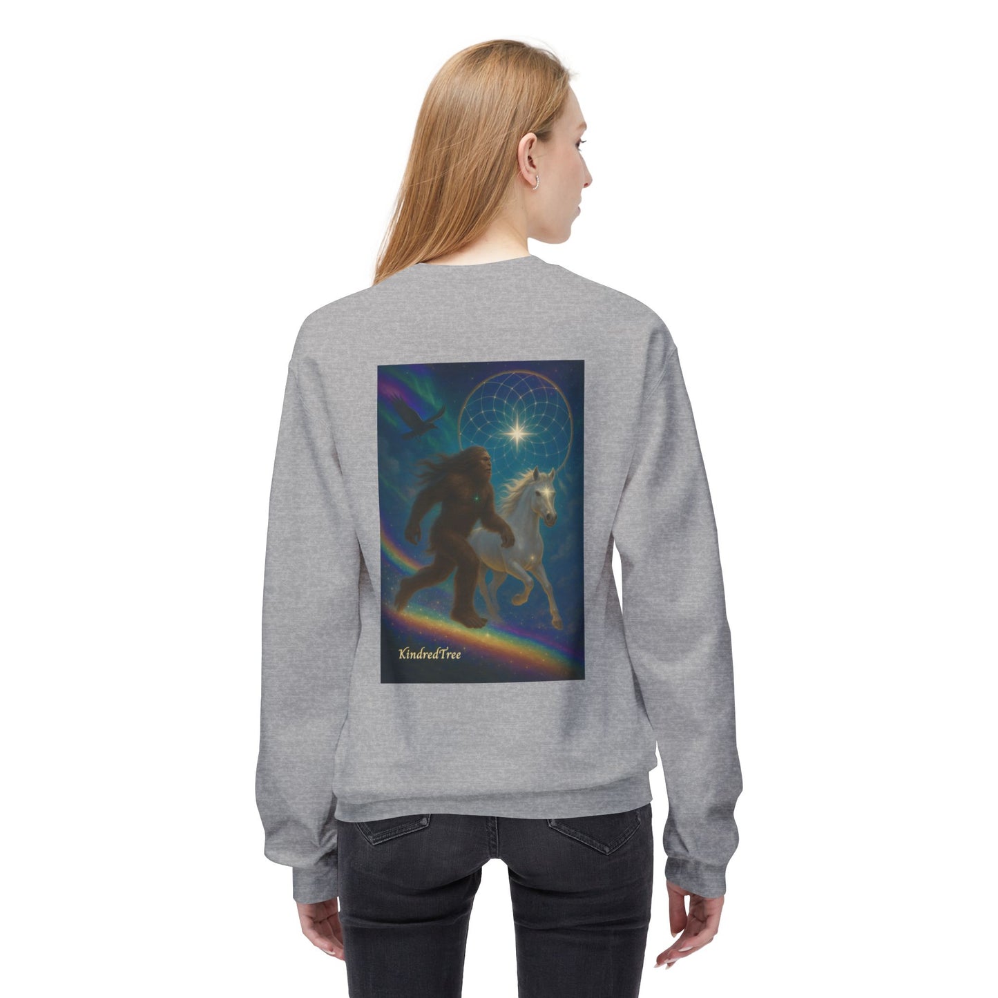 Sasquatch & White Horse with Raven  Crewneck Sweatshirt — Mystical 'Guidelines of the Heart' Graphic