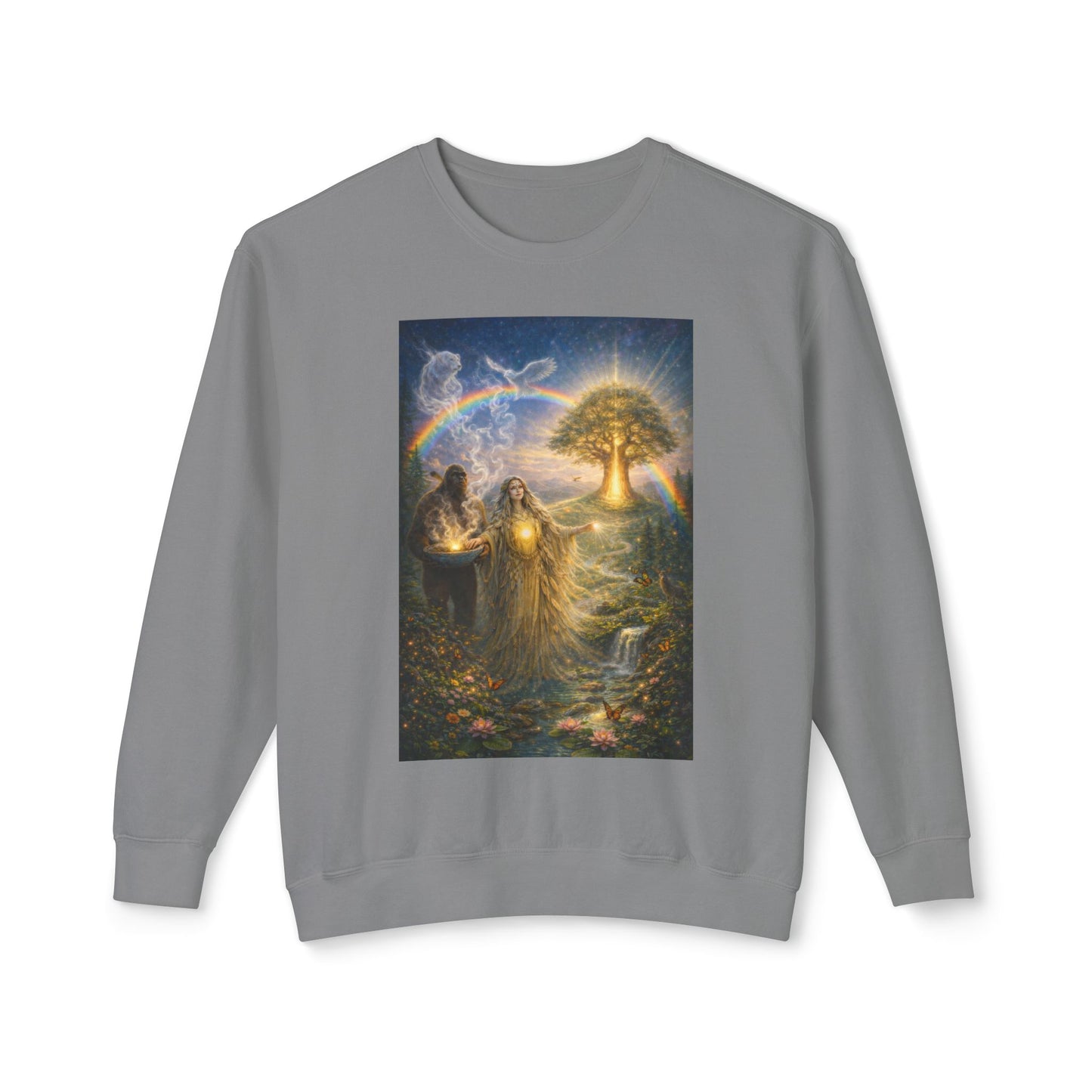 Mother Earth & Sasquatch Guardian Sweatshirt — Heart of the Earth Spiritual Harmony Crewneck