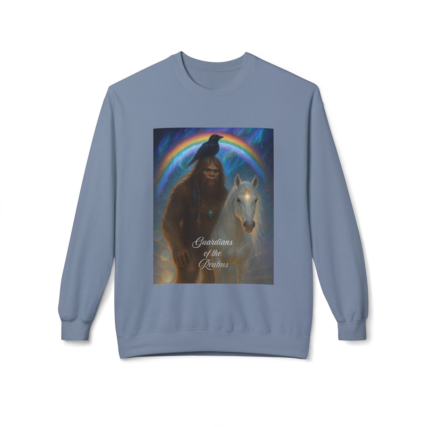 Sasquatch & White Horse with Raven  Crewneck Sweatshirt — Mystical 'Guidelines of the Heart' Graphic