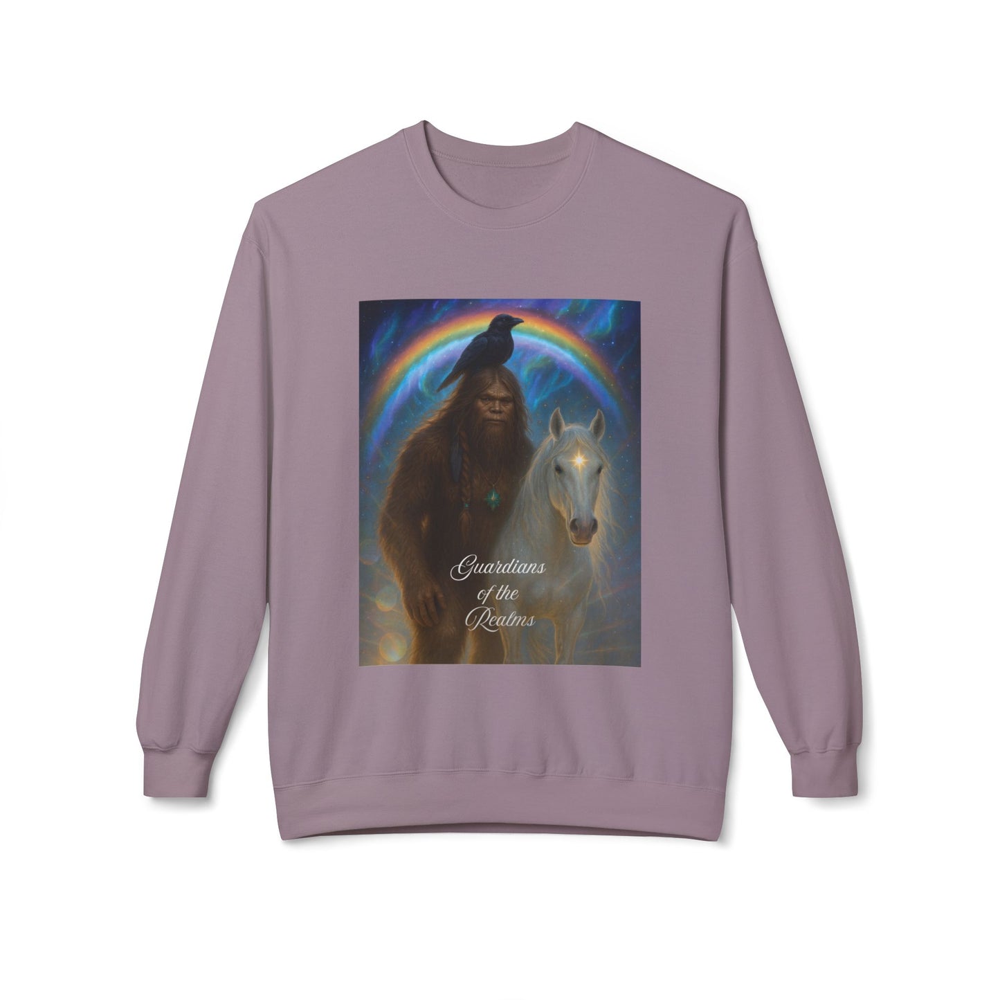 Sasquatch & White Horse with Raven  Crewneck Sweatshirt — Mystical 'Guidelines of the Heart' Graphic