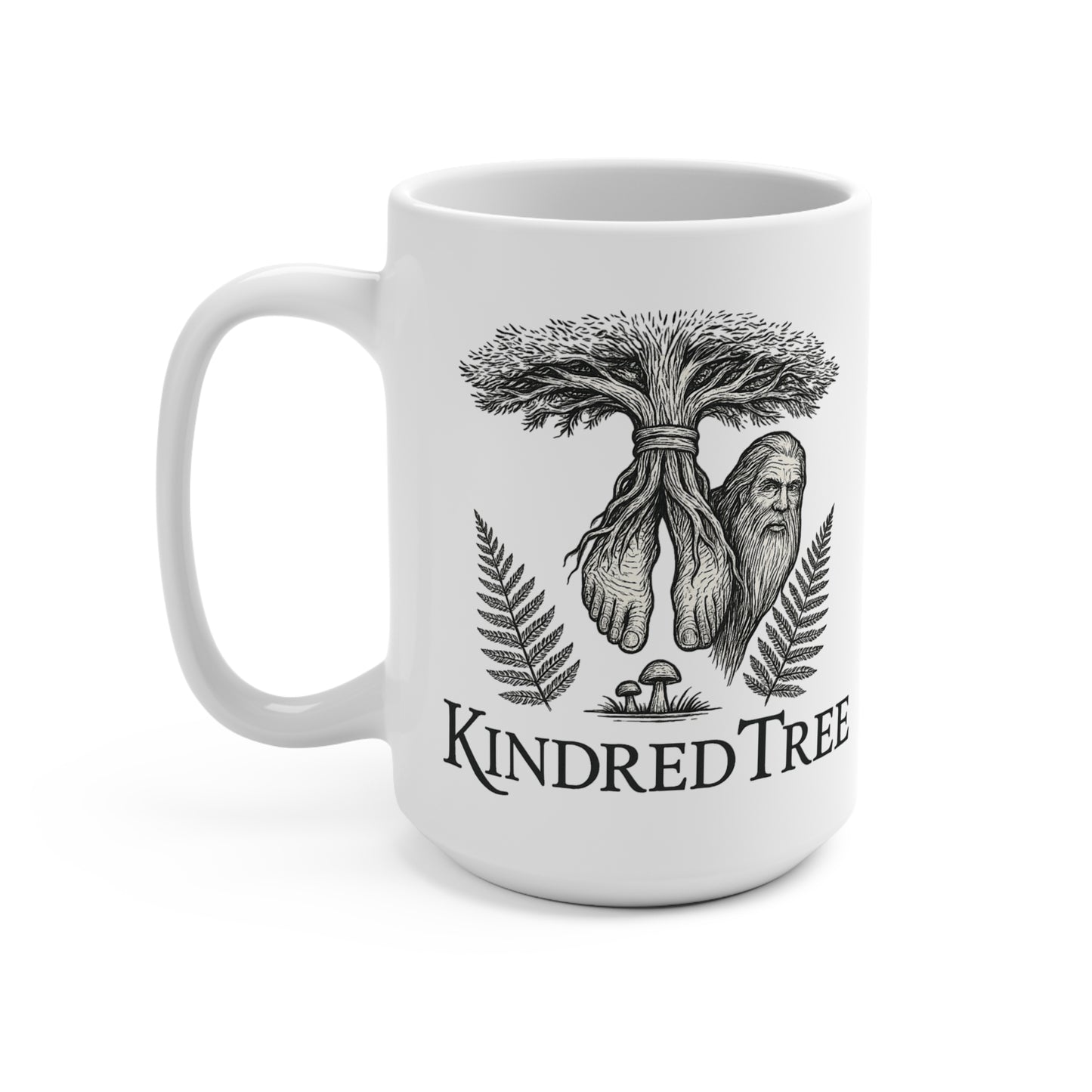 Kindred Tree Ceramic Mug — 15oz Mythic Tree & Wise Elder Illustration