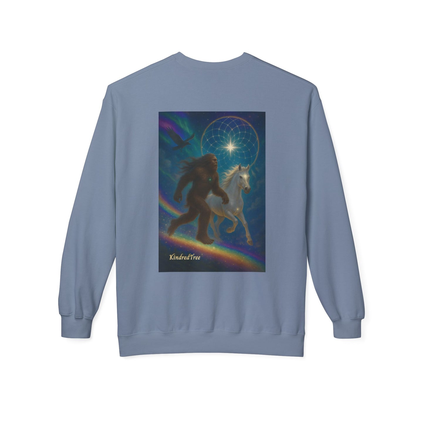 Sasquatch & White Horse with Raven  Crewneck Sweatshirt — Mystical 'Guidelines of the Heart' Graphic