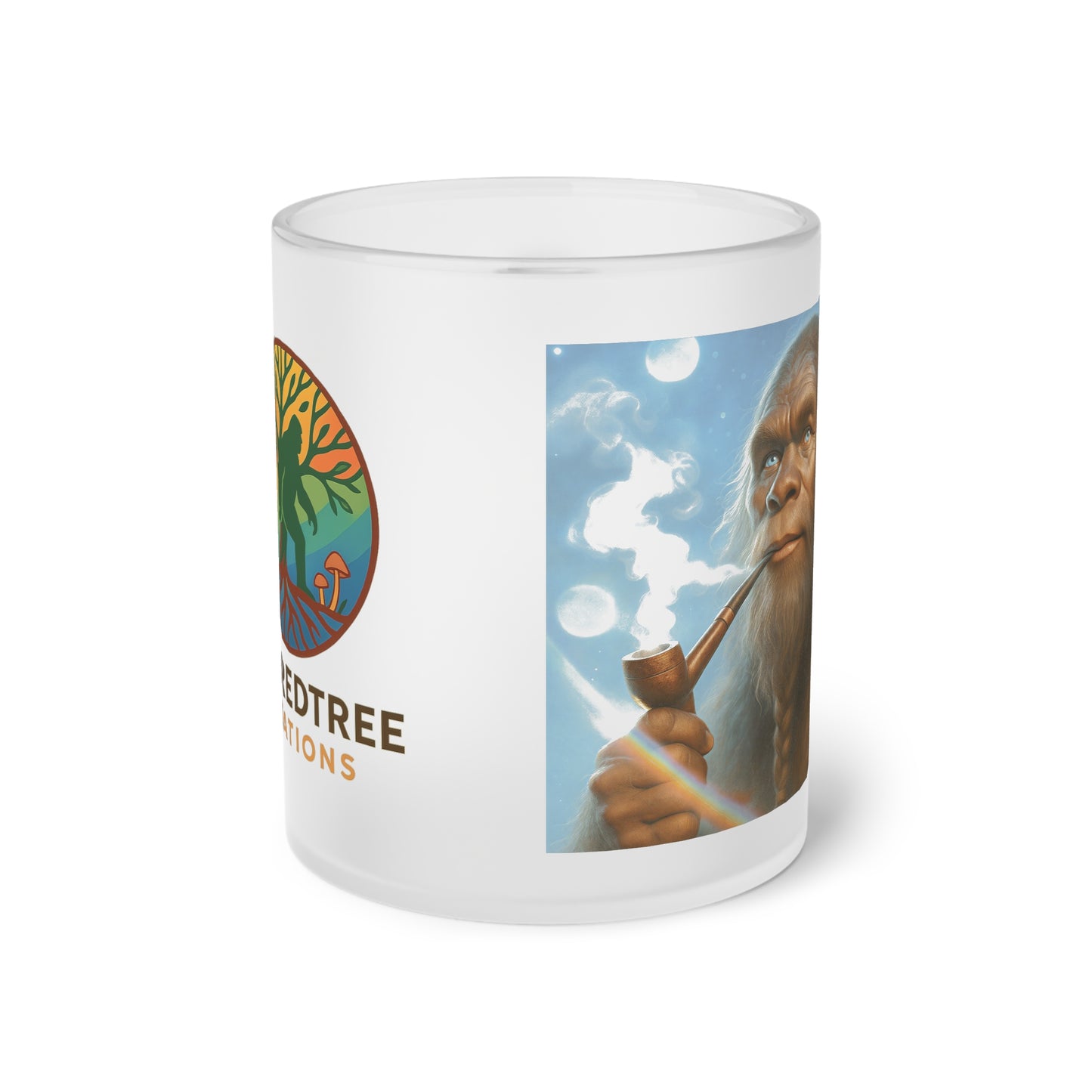 Frosted Glass Mug — Retro Sasquatch with Peace Pipe & KindredTree Emblem Design
