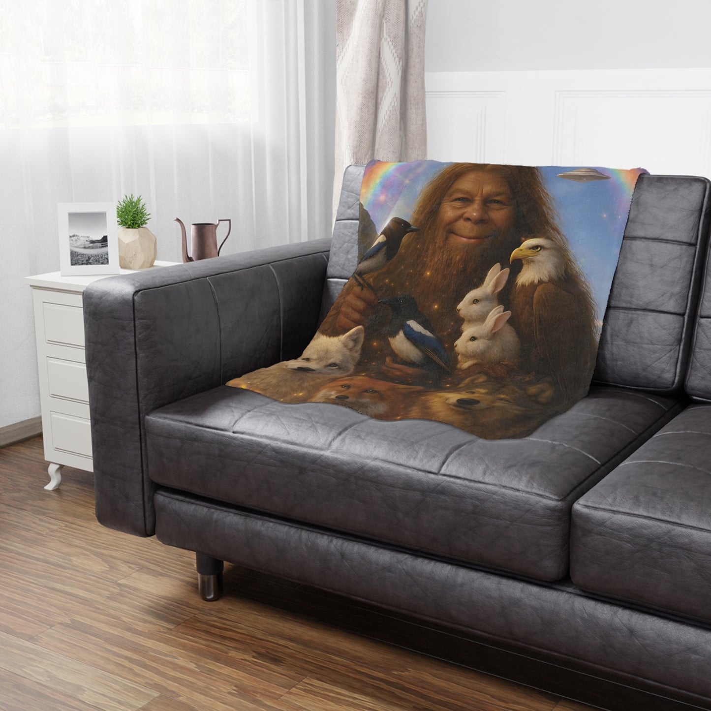Minky Blanket — Whimsical Forest Guardian Print with Wolves, Fox, Rabbits & Rainbow UFO