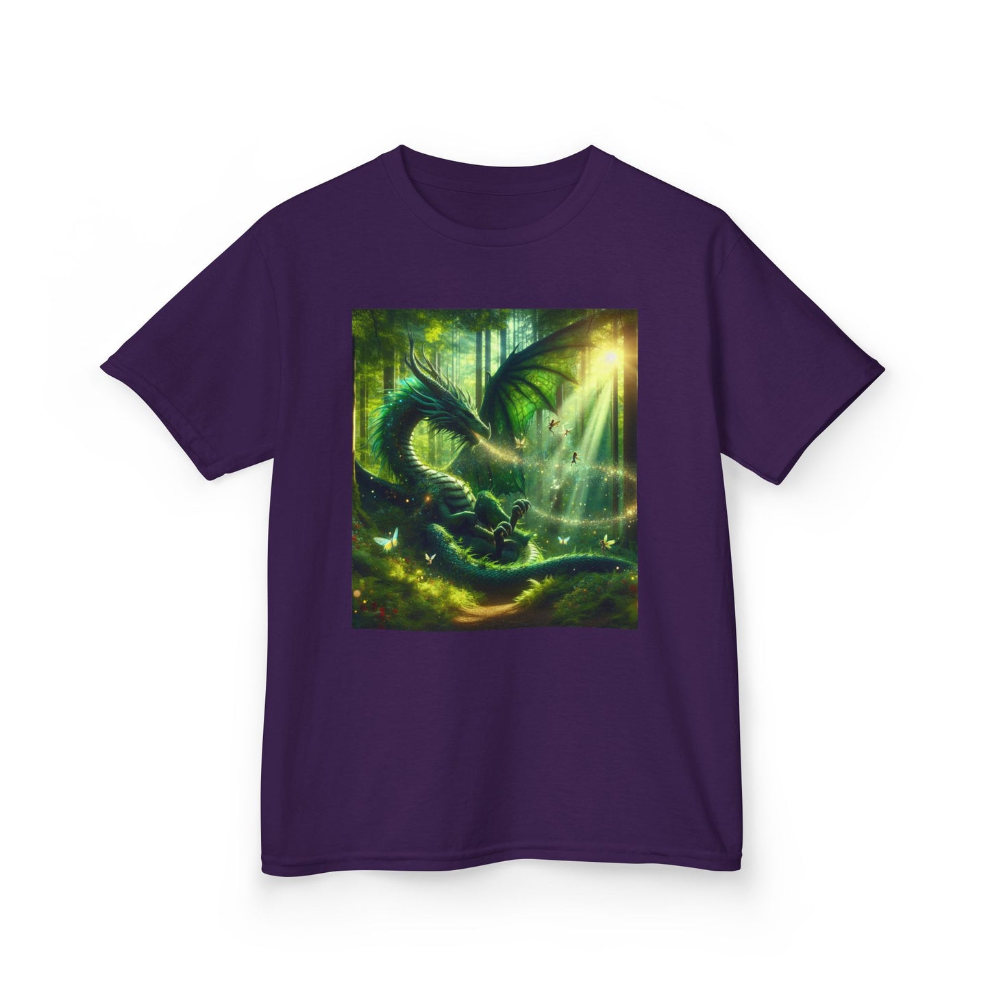 Kids T-Shirt Green Forest Dragon Sunlight and Fairy Lights Design