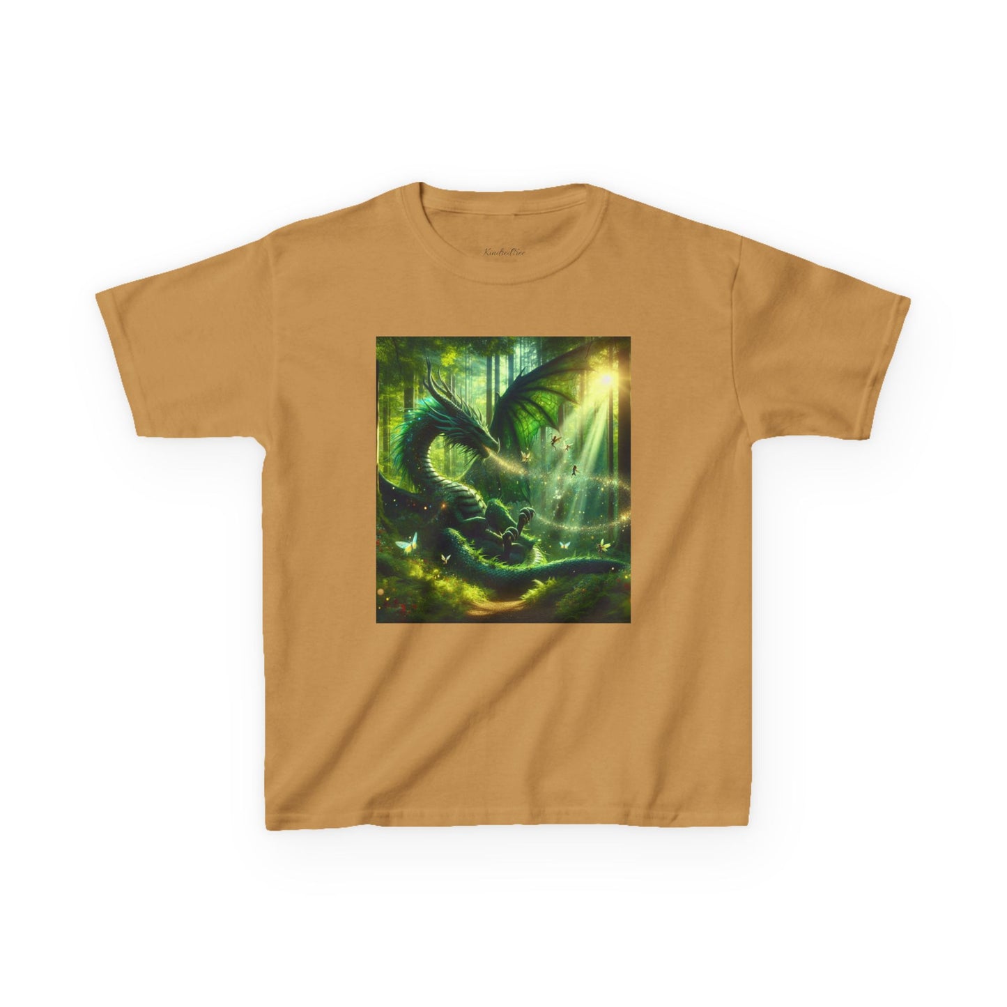 Kids T-Shirt Green Forest Dragon Sunlight and Fairy Lights Design