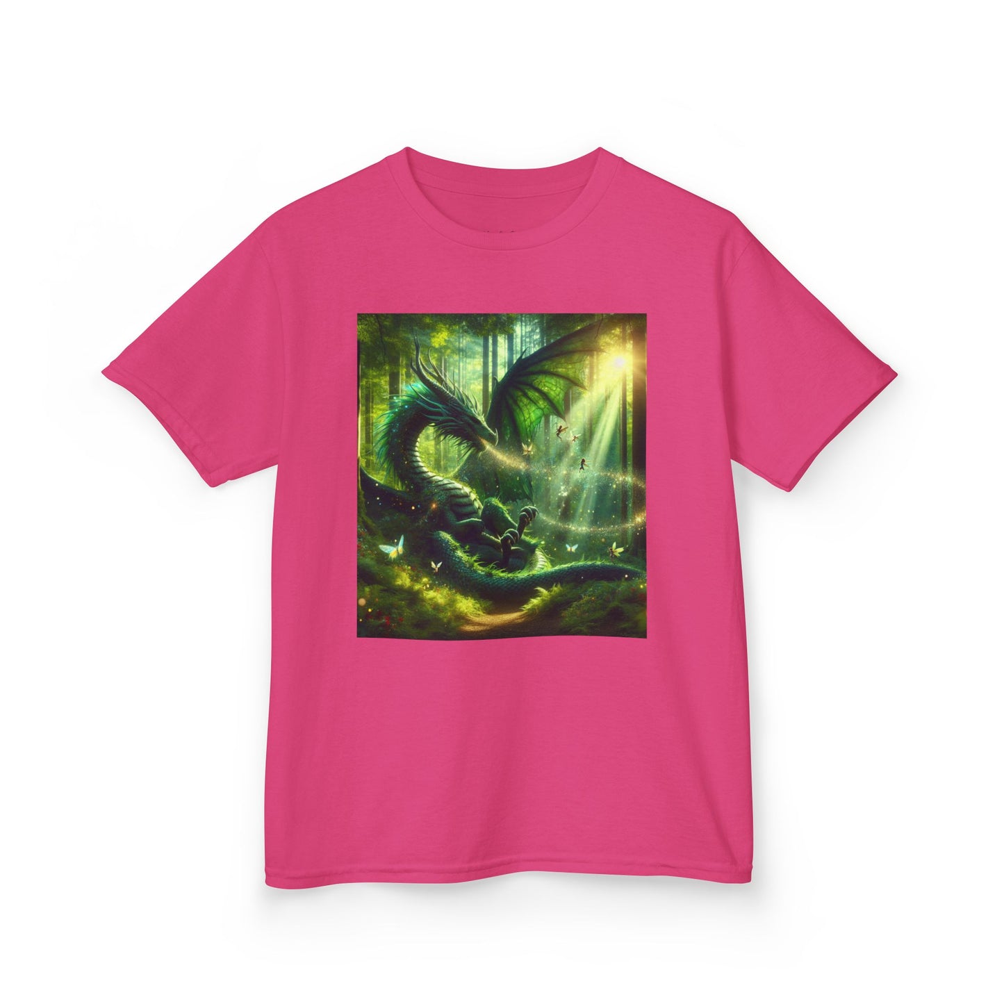 Kids T-Shirt Green Forest Dragon Sunlight and Fairy Lights Design