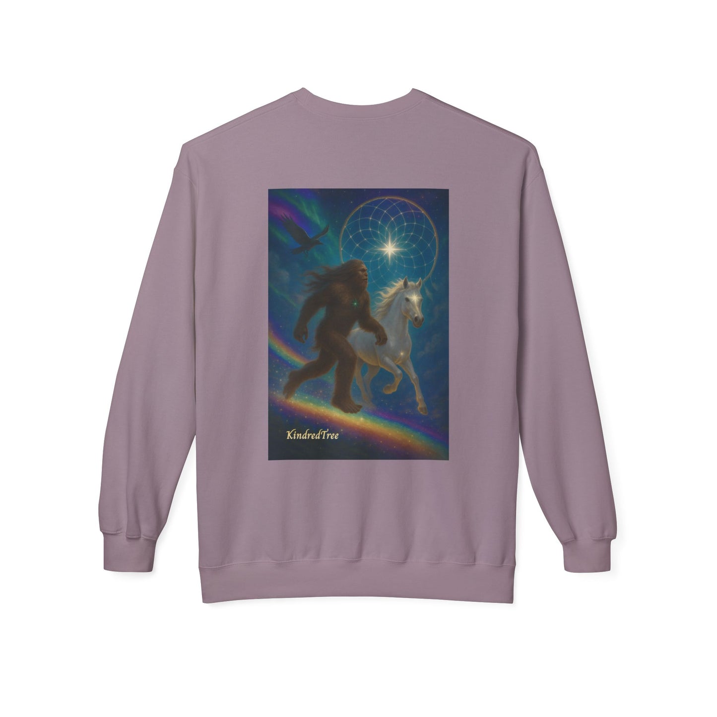 Sasquatch & White Horse with Raven  Crewneck Sweatshirt — Mystical 'Guidelines of the Heart' Graphic