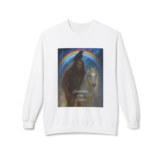 Sasquatch & White Horse with Raven  Crewneck Sweatshirt — Mystical 'Guidelines of the Heart' Graphic