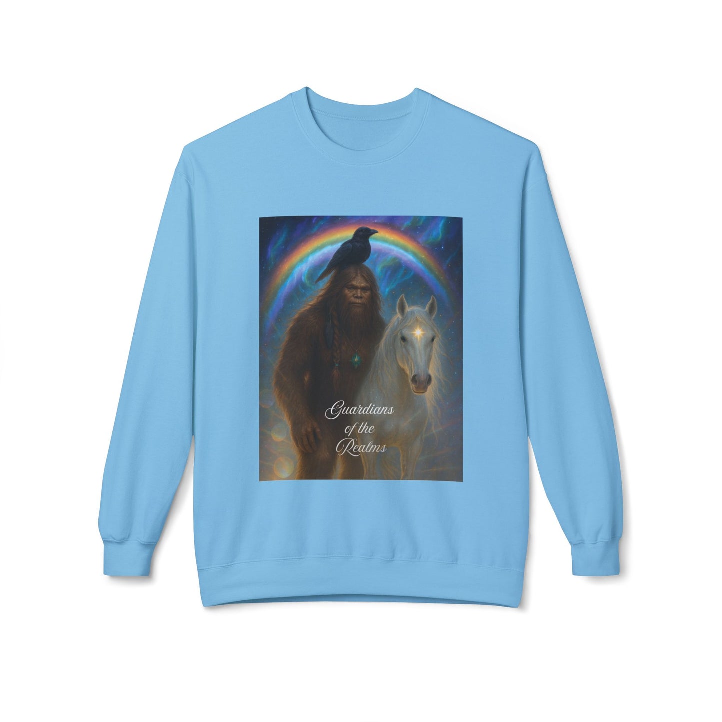 Sasquatch & White Horse with Raven  Crewneck Sweatshirt — Mystical 'Guidelines of the Heart' Graphic