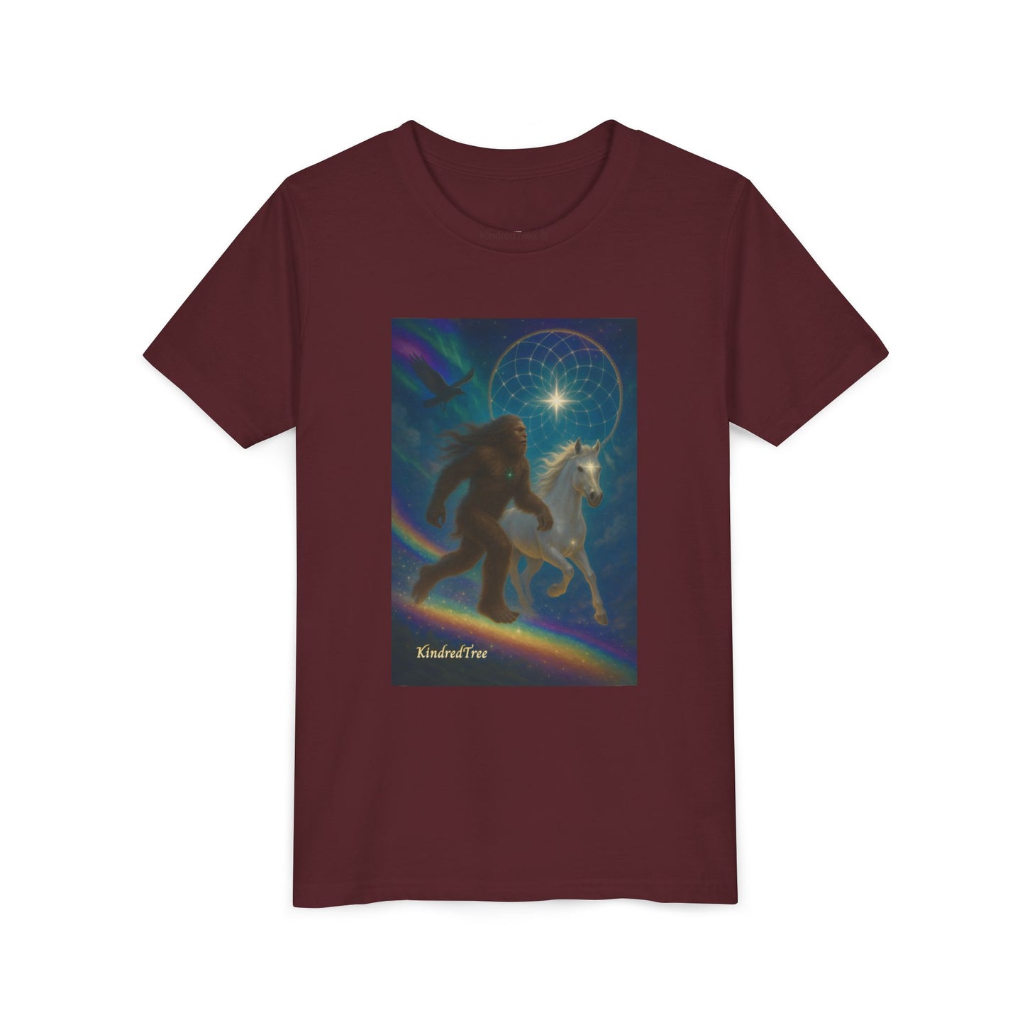 Sasquatch and White Horse  Youth Tee | Mystical Rainbow Night, Non- Mythic Guardian Shirt