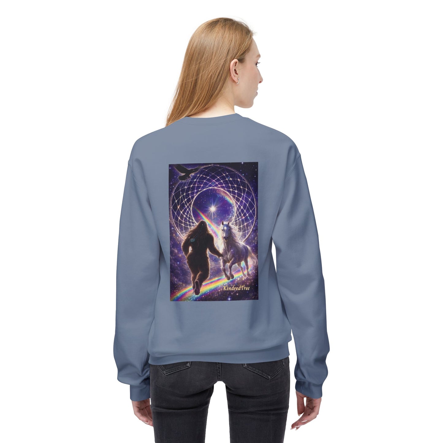 Sasquatch Guardian & White Horse Crewneck — Mystical Aurora Protector Sweatshirt