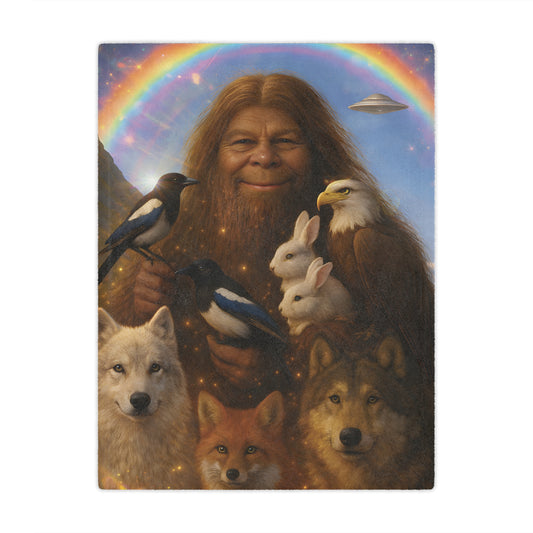Minky Blanket — Whimsical Forest Guardian Print with Wolves, Fox, Rabbits & Rainbow UFO