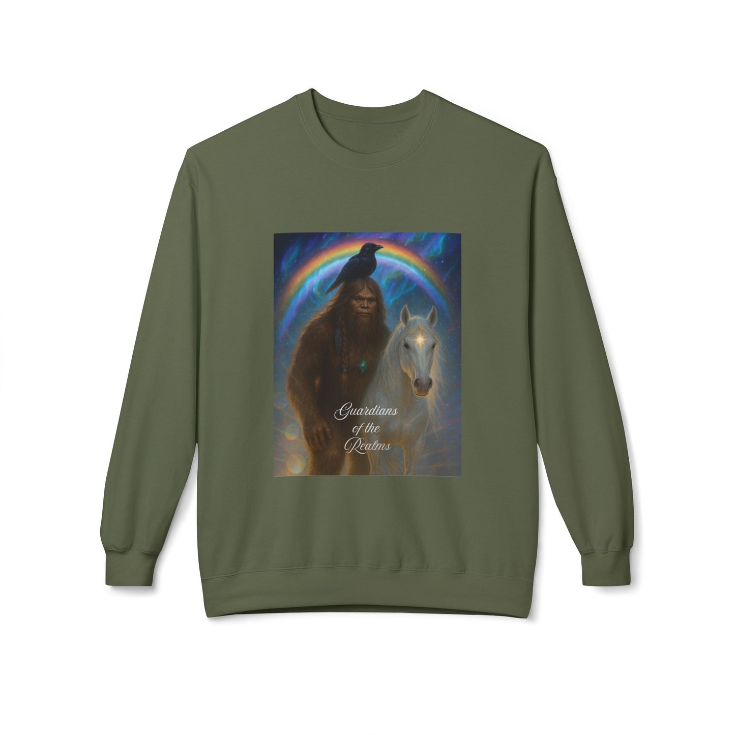 Sasquatch Guardian & White Horse Crewneck — Mystical Aurora Protector Sweatshirt