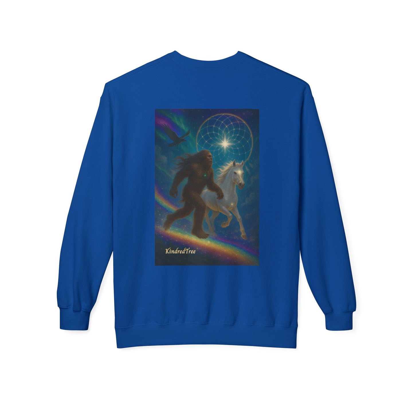 Sasquatch & White Horse with Raven  Crewneck Sweatshirt — Mystical 'Guidelines of the Heart' Graphic