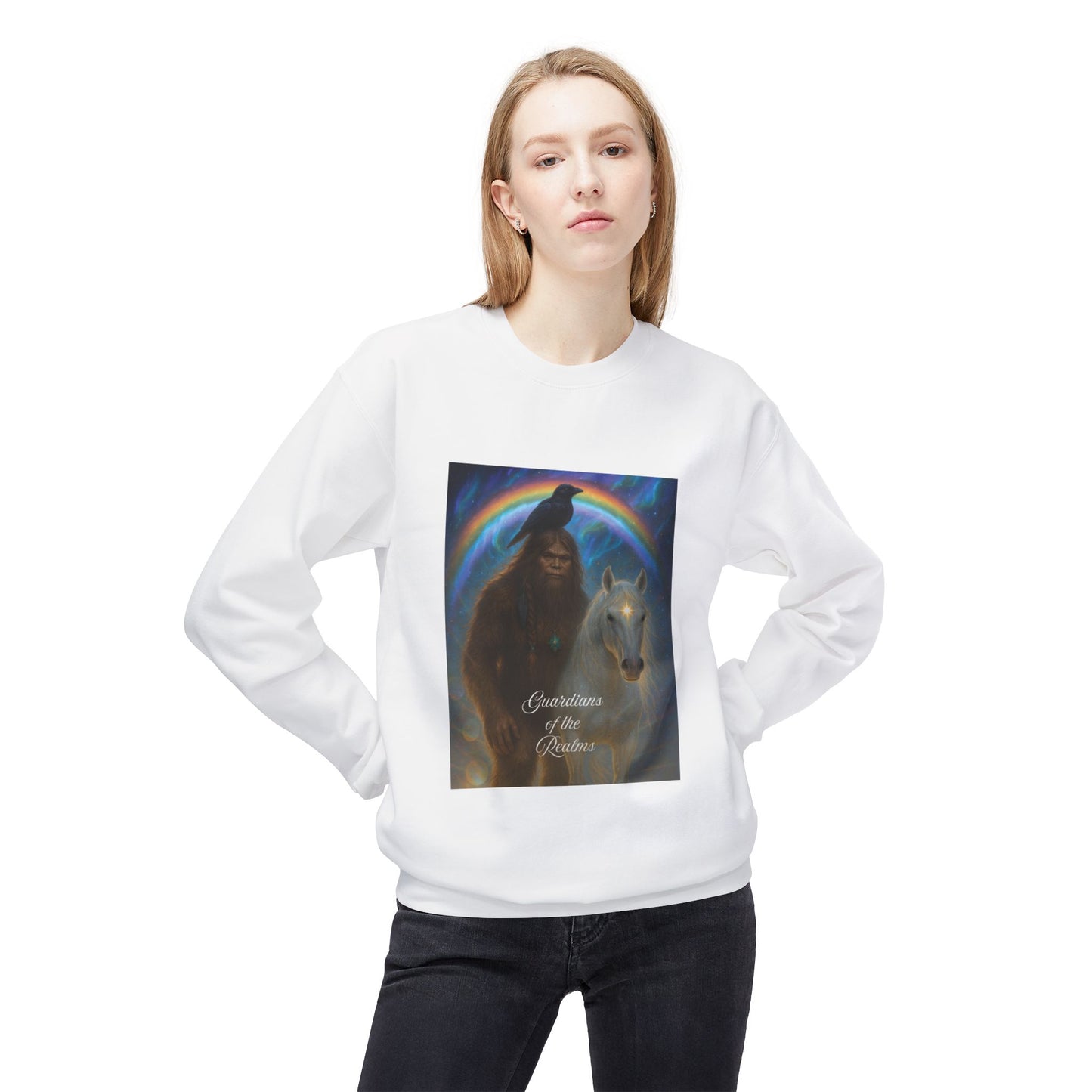 Sasquatch Guardian & White Horse Crewneck — Mystical Aurora Protector Sweatshirt