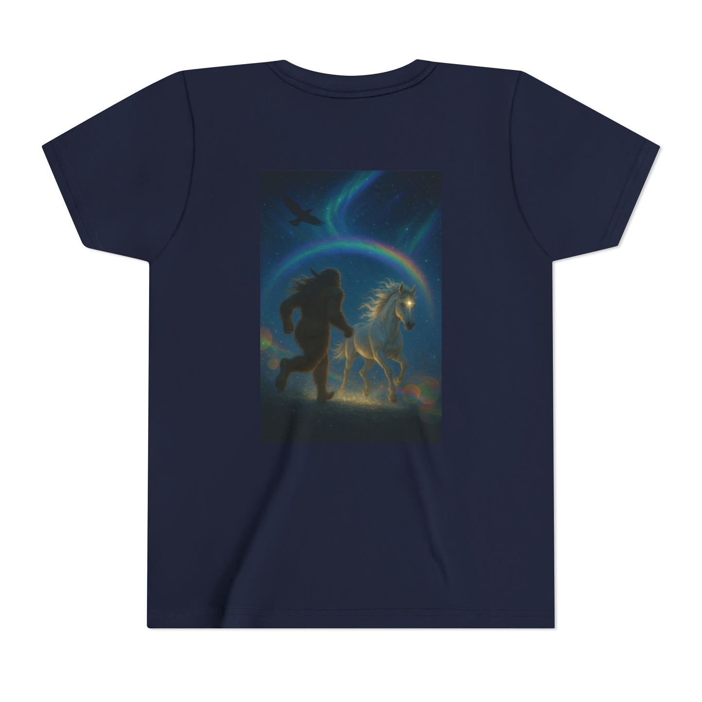Sasquatch and White Horse  Youth Tee | Mystical Rainbow Night, Non- Mythic Guardian Shirt