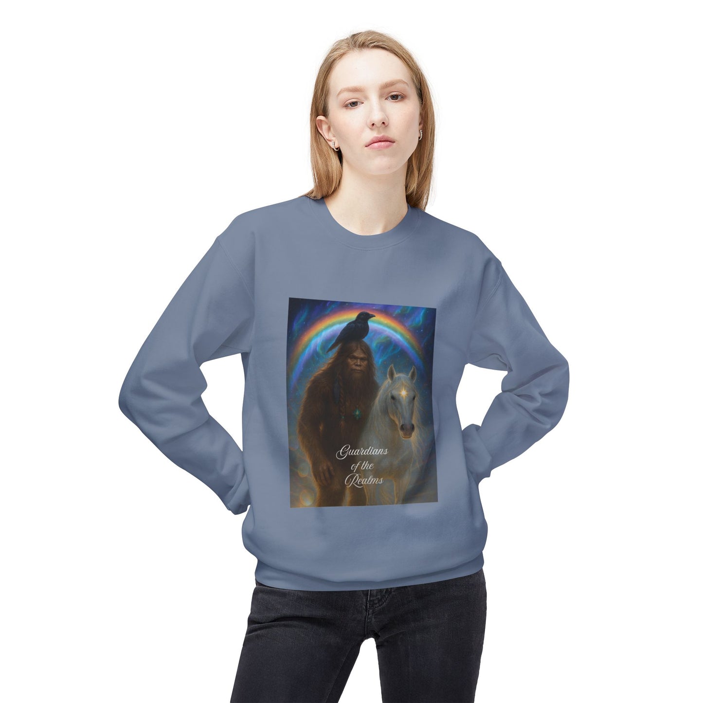 Sasquatch Guardian & White Horse Crewneck — Mystical Aurora Protector Sweatshirt