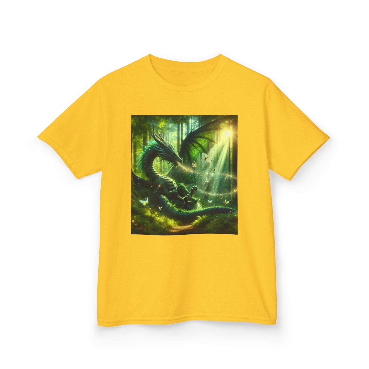 Kids T-Shirt Green Forest Dragon Sunlight and Fairy Lights Design