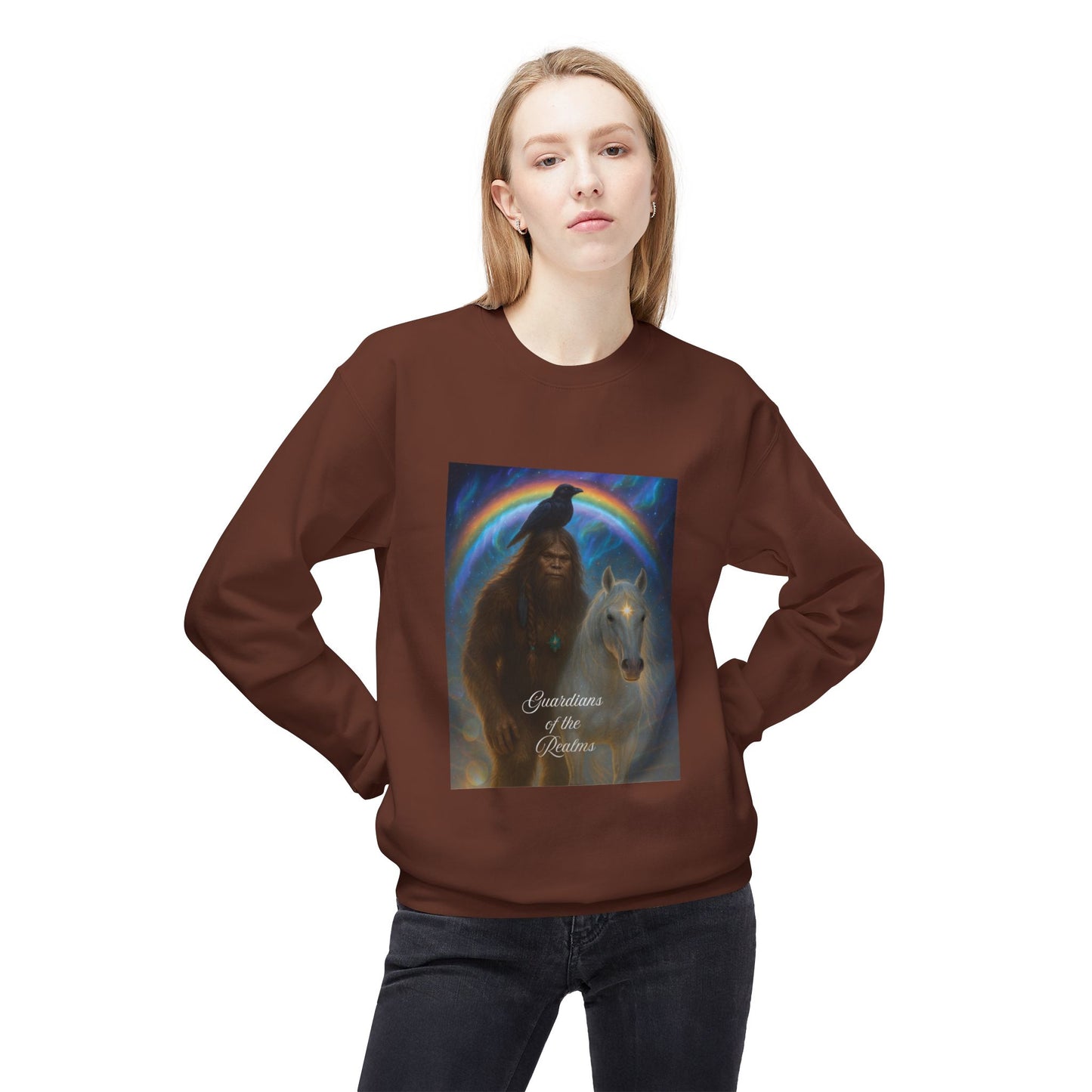 Sasquatch Guardian & White Horse Crewneck — Mystical Aurora Protector Sweatshirt