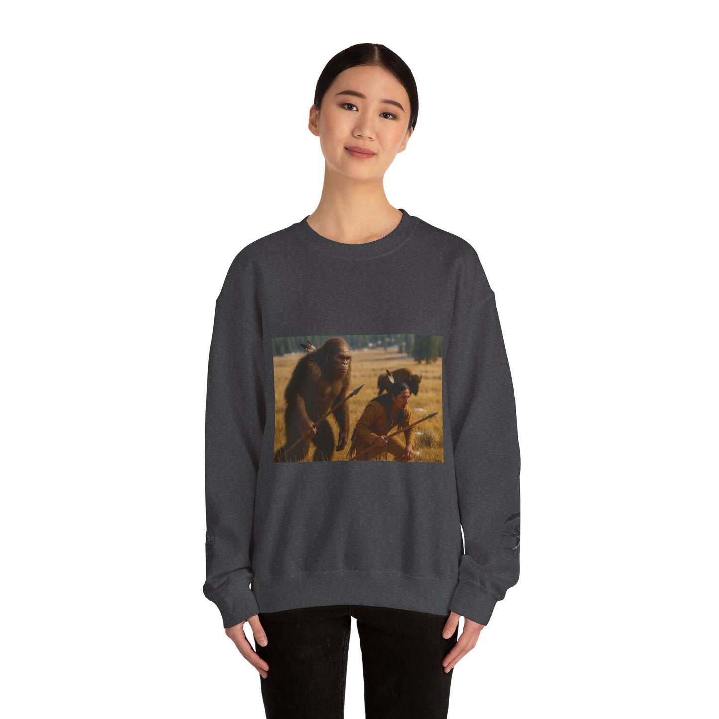Sasquatch & Native Spear Hunting Bison Sweatshirt